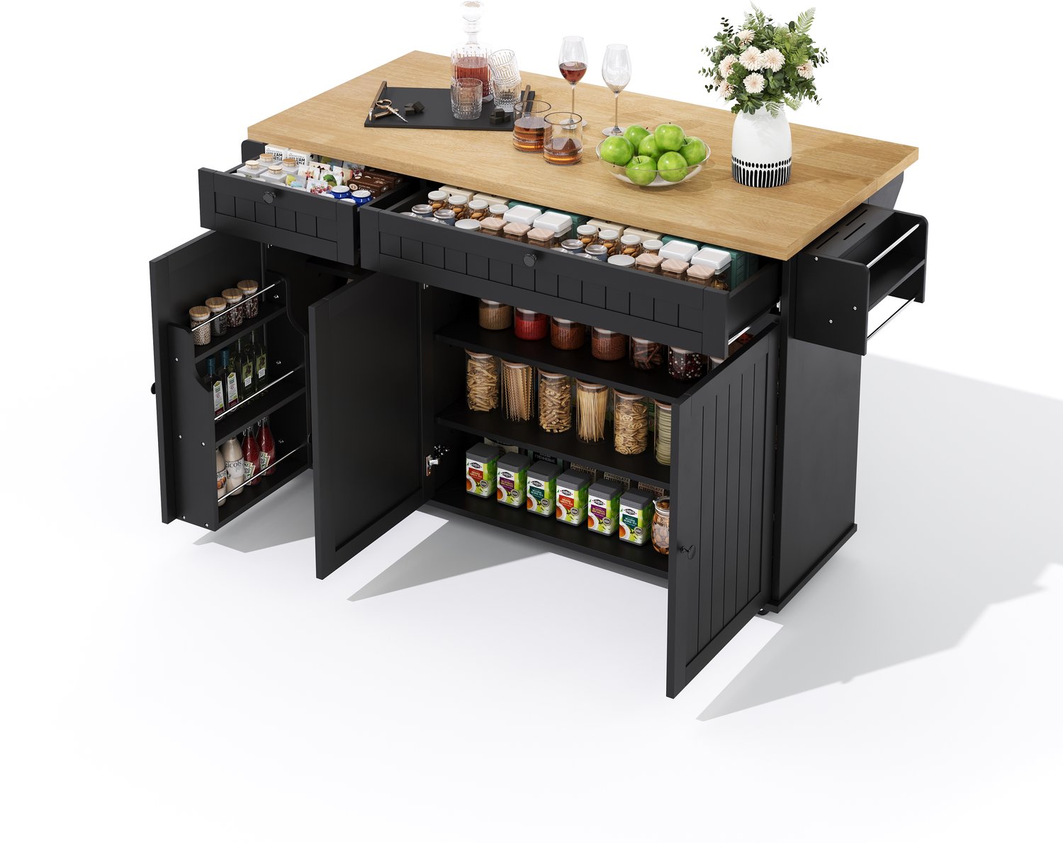 Keukeneiland met opklapbaar werkblad - 2 lades en kast - 6 vergrendelbare wielen - voor keuken en eetruimte - naturel en zwart MDF