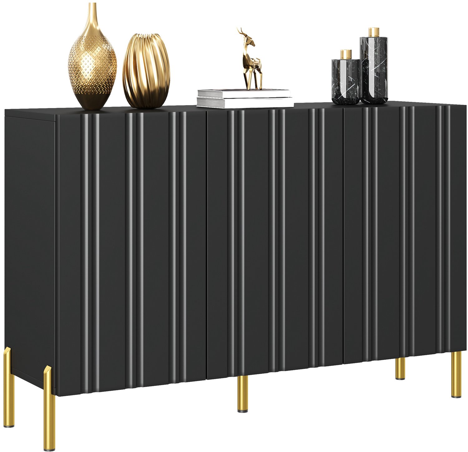 Clruro Dressoir - 120×35,5×80 cm - 3 Ribbeldeuren - Gouden Poten - MDF/Spaanplaat - Zwart
