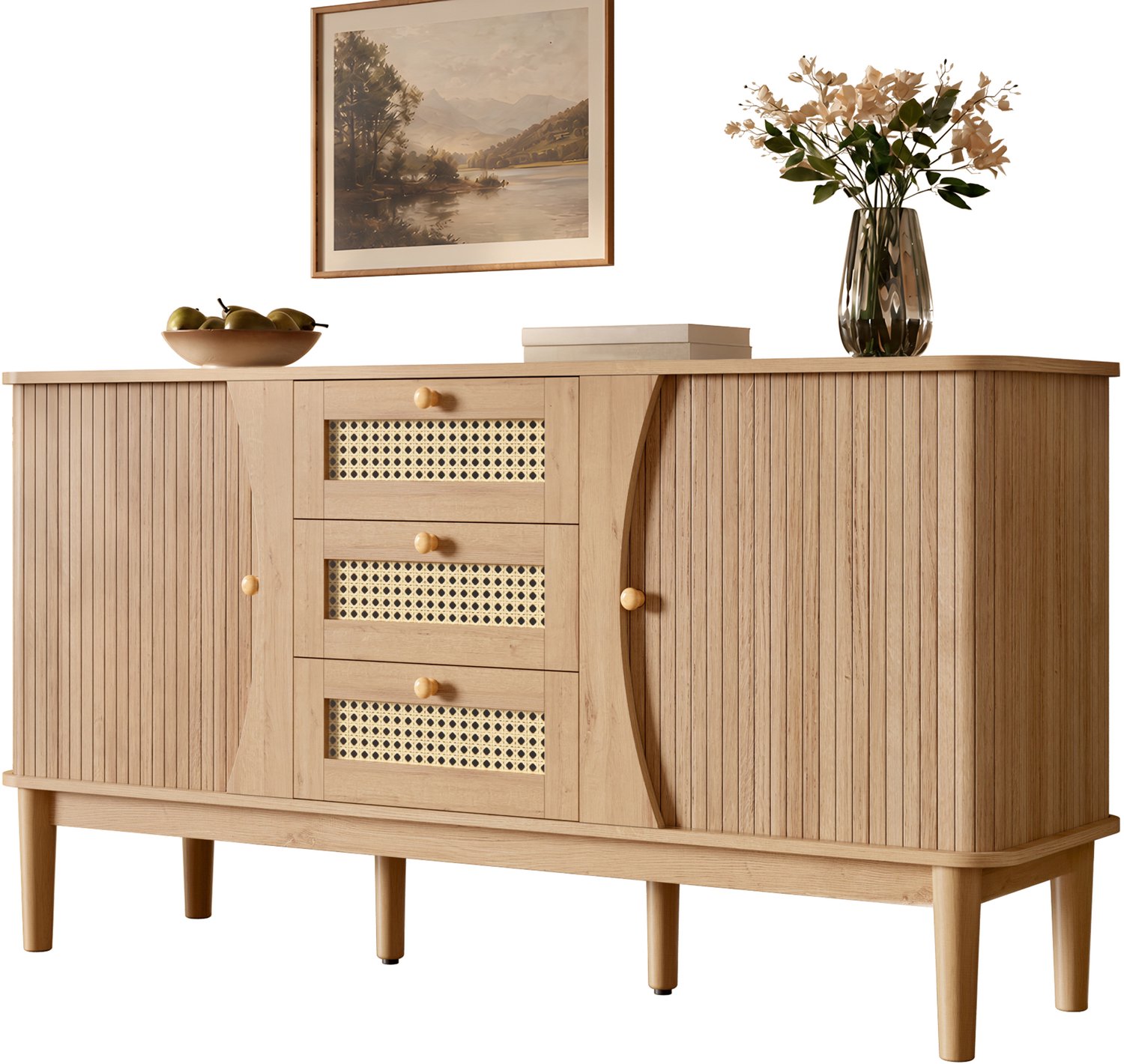 Clruro Dressoir - 141×40×77 cm - Schuifdeuren - 3 Rotanladen - MDF - Houtlook Naturel
