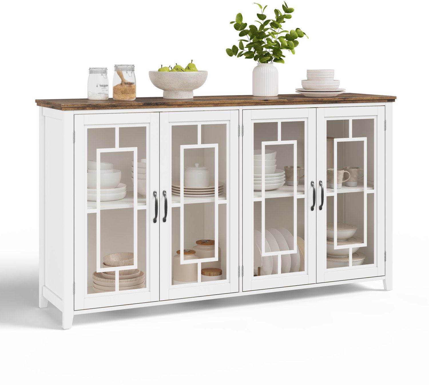 Keuken dressoir van 160 cm breed - glazen deuren en vaste legplanken - extra werkblad - voor eetkamer en woonkamer - wit MDF met houtlook