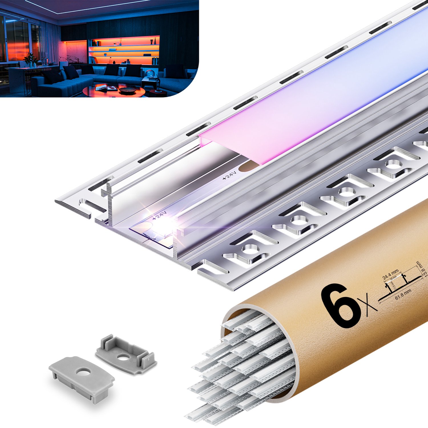 Riserva-LED Profiel-Natuurlijk Aluminium Profiel voor LED Strip-Met Acryl Diffuser-Bevestigingsaccessoires inbegrepen-2m 6 Stuks