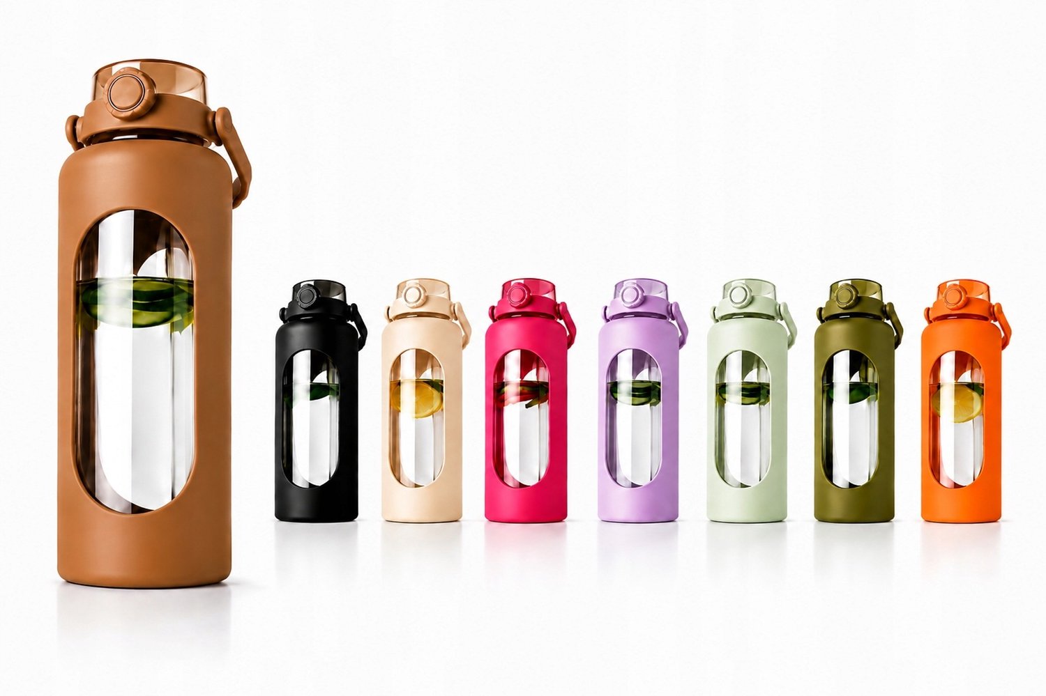 Glazen Drinkfles 1L met Telefoonhouder - Koffiekleurig