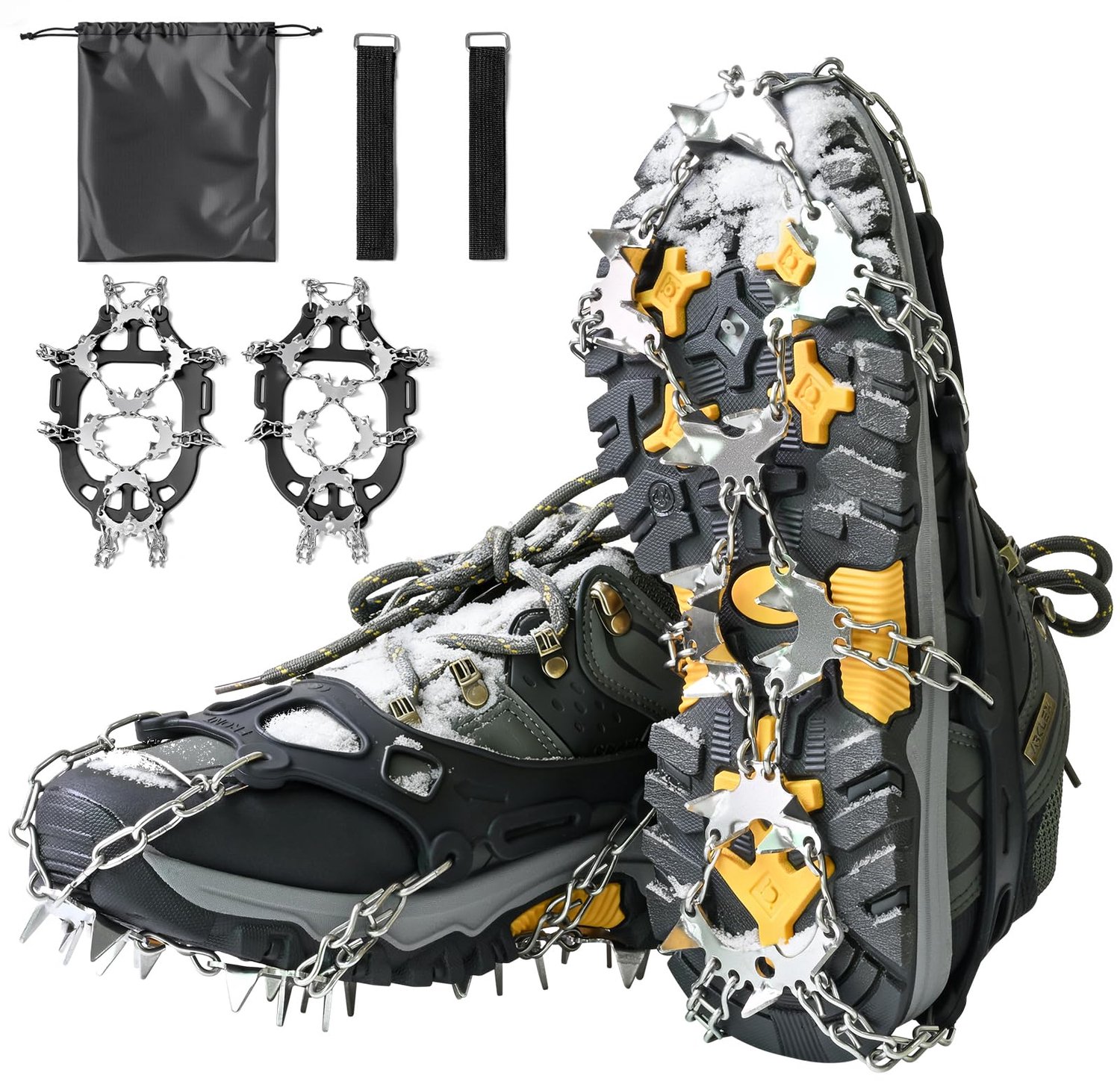 Famanu - Crampons Stijgijzers Antislip IJspikes - Voorkomt uitglijden op ijs en sneeuw - Duurzaam roestvrij staal en rubber - Zwart 1 stuk