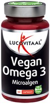 Lucovitaal Vegan Omega 3 Microalgen, 60 capsules. Rode fles met zilveren dop. Label met rode figuur logo, tekst en groene vegan vlag.