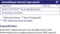 Detail van het etiket met de samenstelling per dosering en de ingrediëntenlijst.