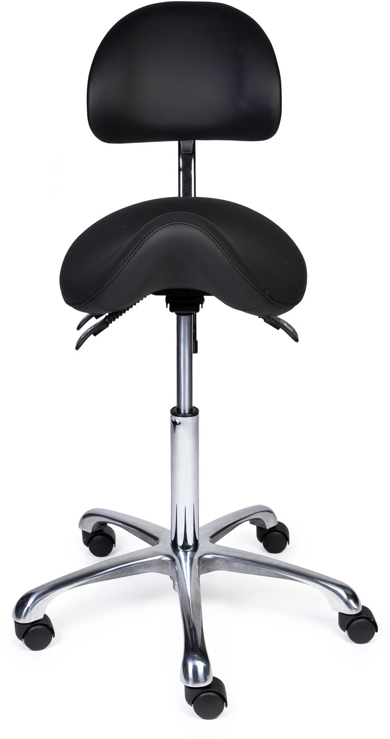Ergonomische Zadelkruk met Rugleuning Premium Zwart op Wielen Standaard uitvoering (50-68cm) / Met voetensteun / Voetdoppen