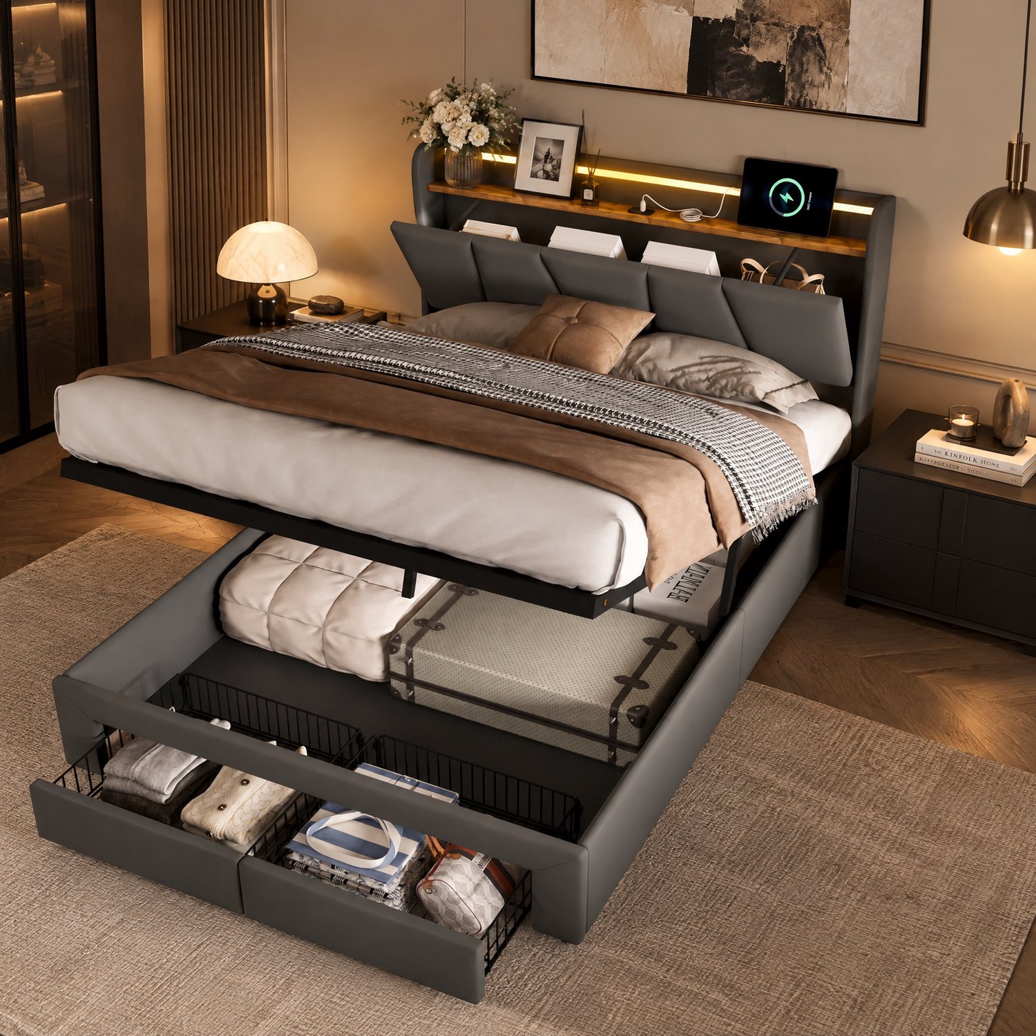 MEXUS Opbergbed 140x190 cm met lattenbodem en 2 lades, Tweepersoonsbed met RGB LED-verlichting, hoofdbord met opbergruimte en USB/USB-C-oplaadpoort, hydraulische opbergruimte en 2 lades, Bedframe, Linnen donkerGrijs