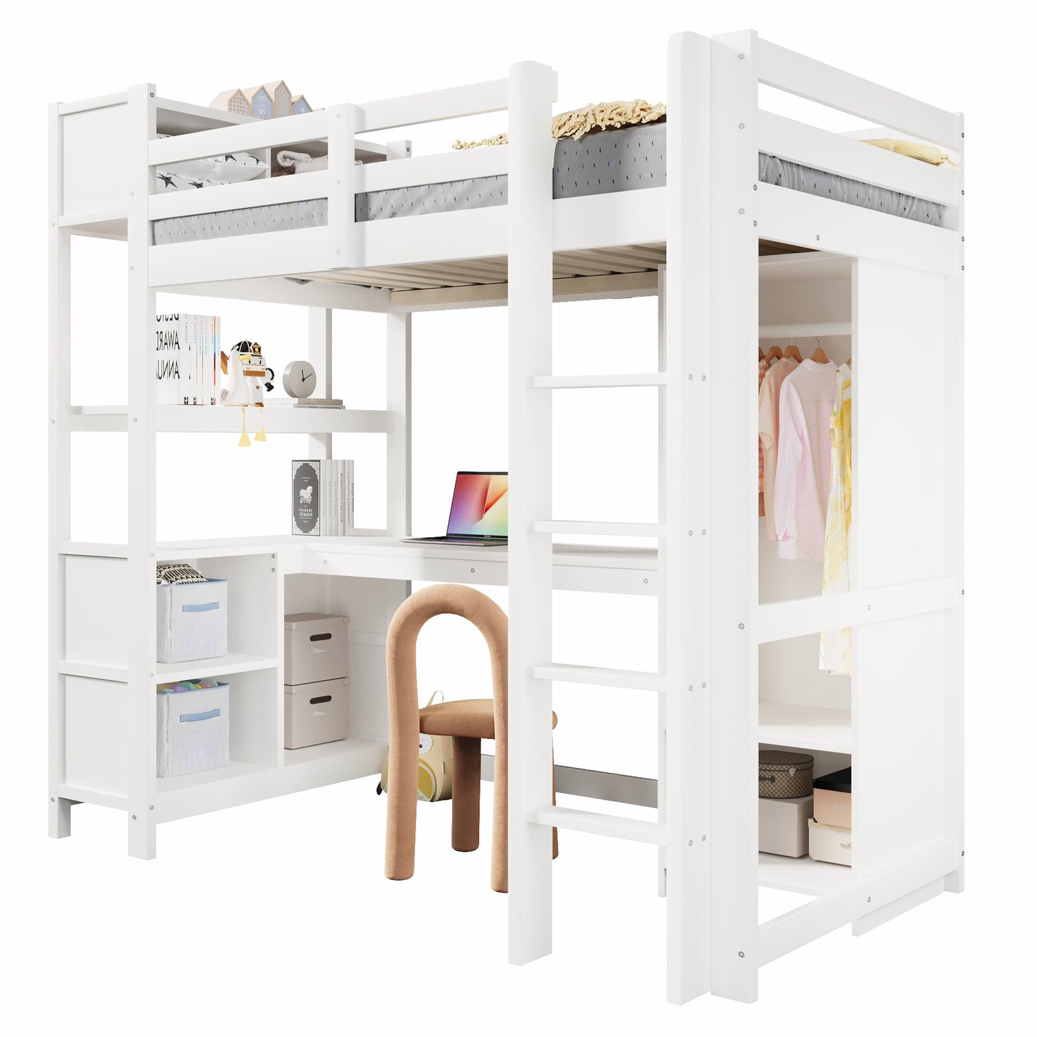 Merax Hoogslaper 90 x 200 cm - Kinderbed Met Bureau - Kledingkast - Opbergvakken - Houten Lattenbodem - Wit