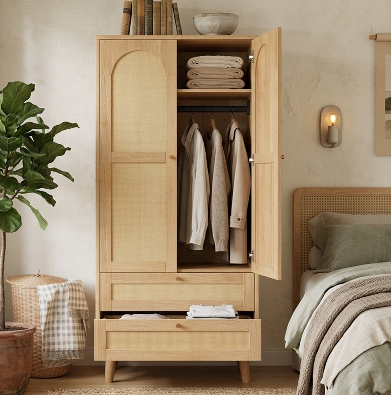 MODENUIT Kledingkast - Rotanlook Met 2 Lades - Voor Slaapkamer En Hal - MDF - 80x50x180 Cm - Naturel Natuurlijk