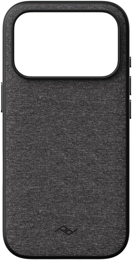 Antracietkleurige Peak Design iPhone-hoes met textielstructuur en zwart frame, inclusief uitsparing voor camera.