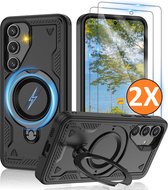 Magsafe Hoesje Geschikt voor Samsung Galaxy A18 / A17 5G / hoesje Zwart backcover met Met Draaibare Ring Houder en camera bescherming + Samsung A18 Screenprotector 2 pack