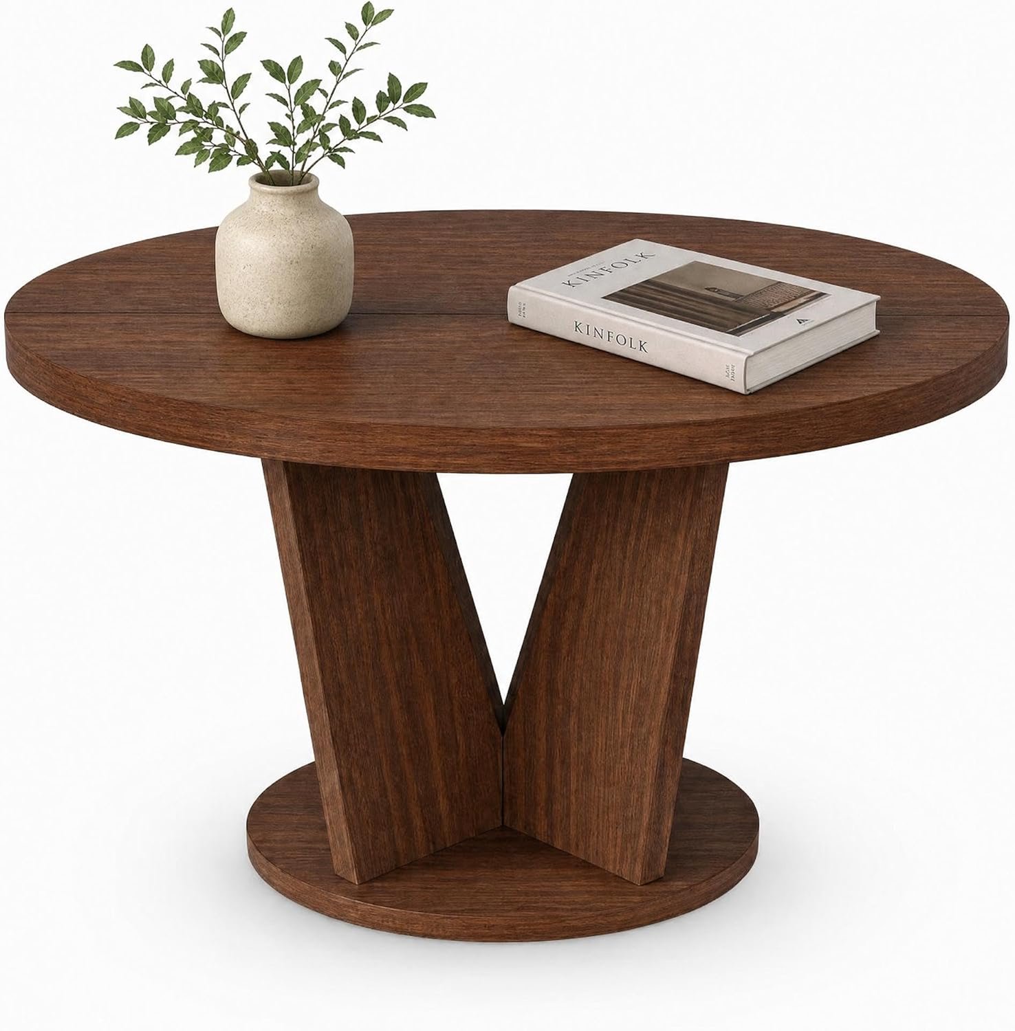 Ronde houten salontafel - Stevige V-vormige poten - 80×80×45 cm - Minimalistisch - Mid-Century-stijl – Ronde eettafel - Walnootkleurig