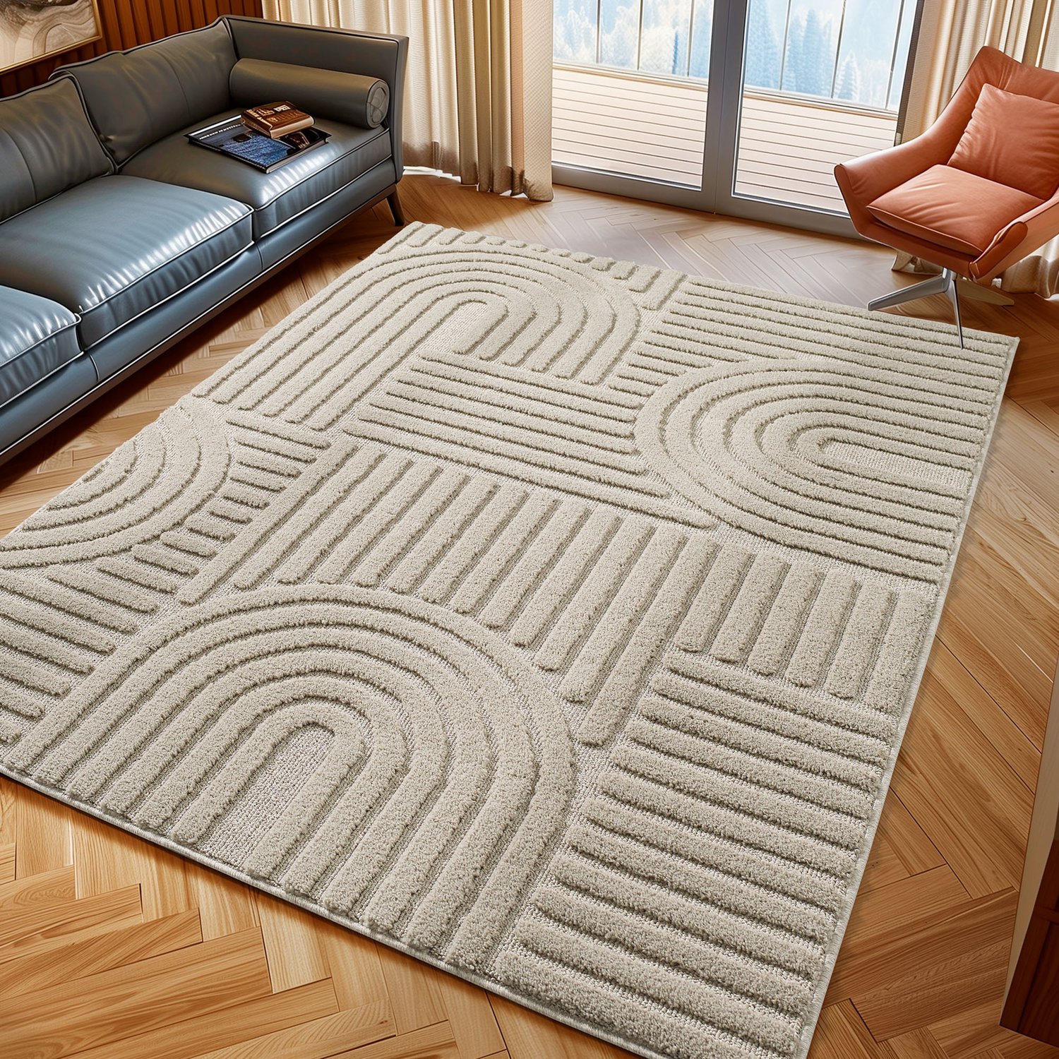 Moonay Kiyaro Lino Vloerkleed Beige 140 x 200 cm - Japandi Scandinavisch - Geometrisch 3D Reliëf - Hoog- en Laagpolig