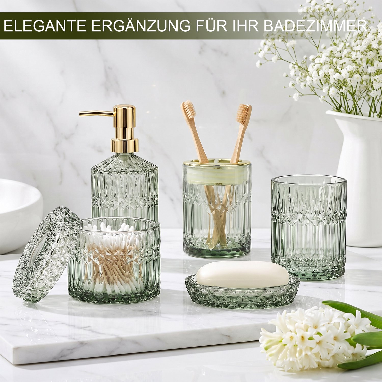 Yelenaro Badkameraccessoireset, 5-delig, Groene Glazen Badkamer Organizer, Inclusief Zeepdispenser, Tandenborstelhouder, Tandenborstelbeker, Zeepschaal & Afsluitbare Opbergpot, voor Badkamer en Toilet