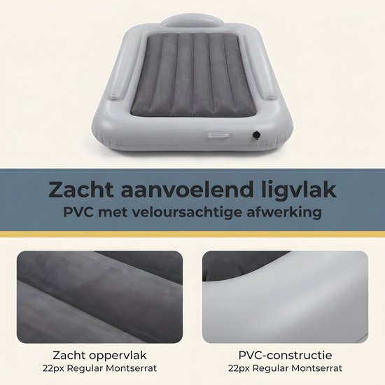 Kinder Luchtbed PVC Fluweelzacht Opblaasbaar Bed voor Kinderen Opvouwbaar Luchtmatras Kinder Slaapmat voor Thuis Reizen en Camping Grijs met EU-Luchtpomp — afbeelding 2