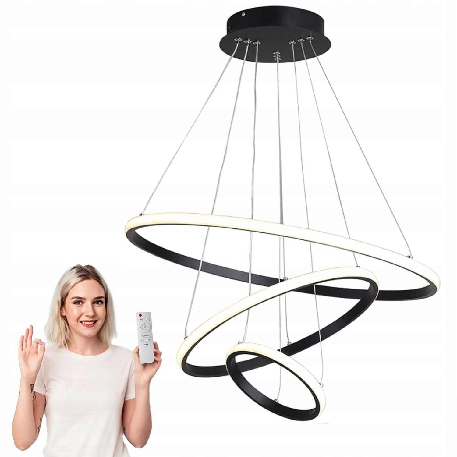 Moderne Zwarte LED Plafondlamp met Afstandsbediening - 3 Ringen