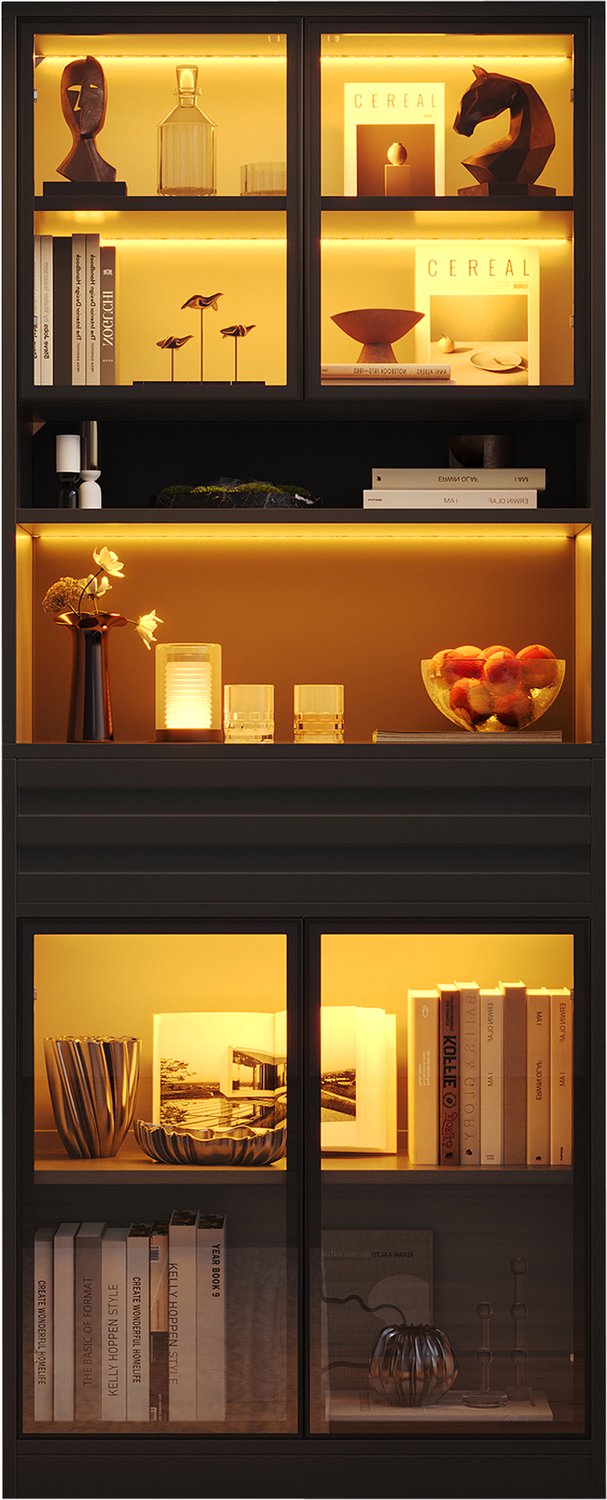 Hoge vitrinekast 200 cm zwart MDF met 4 glazen deuren en lade, LED verlichting met app bediening, displaykast voor woonkamer, boeken en decoratie