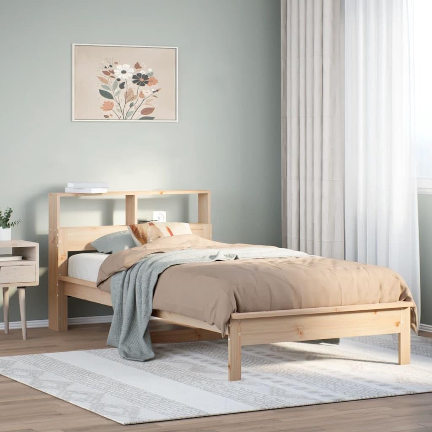 Grenenhouten bed met boekenkast en lattenbodem naturel 75x190 cm