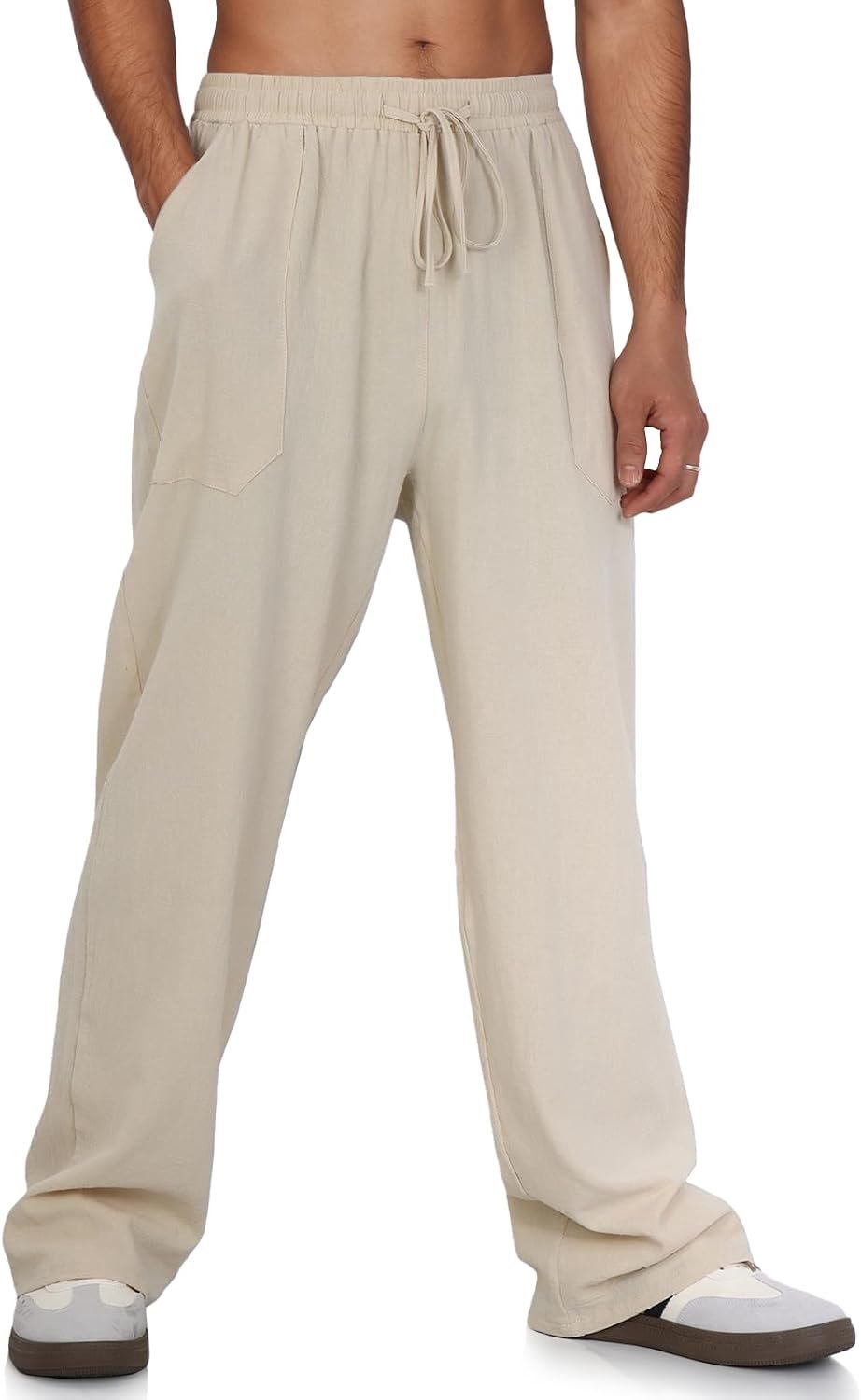 Effen linnen broek voor heren, lichte en casual zomerbroek van katoen, geschikt voor vakantie op het strand en voor dagelijks gebruik, met trekkoord en zakken