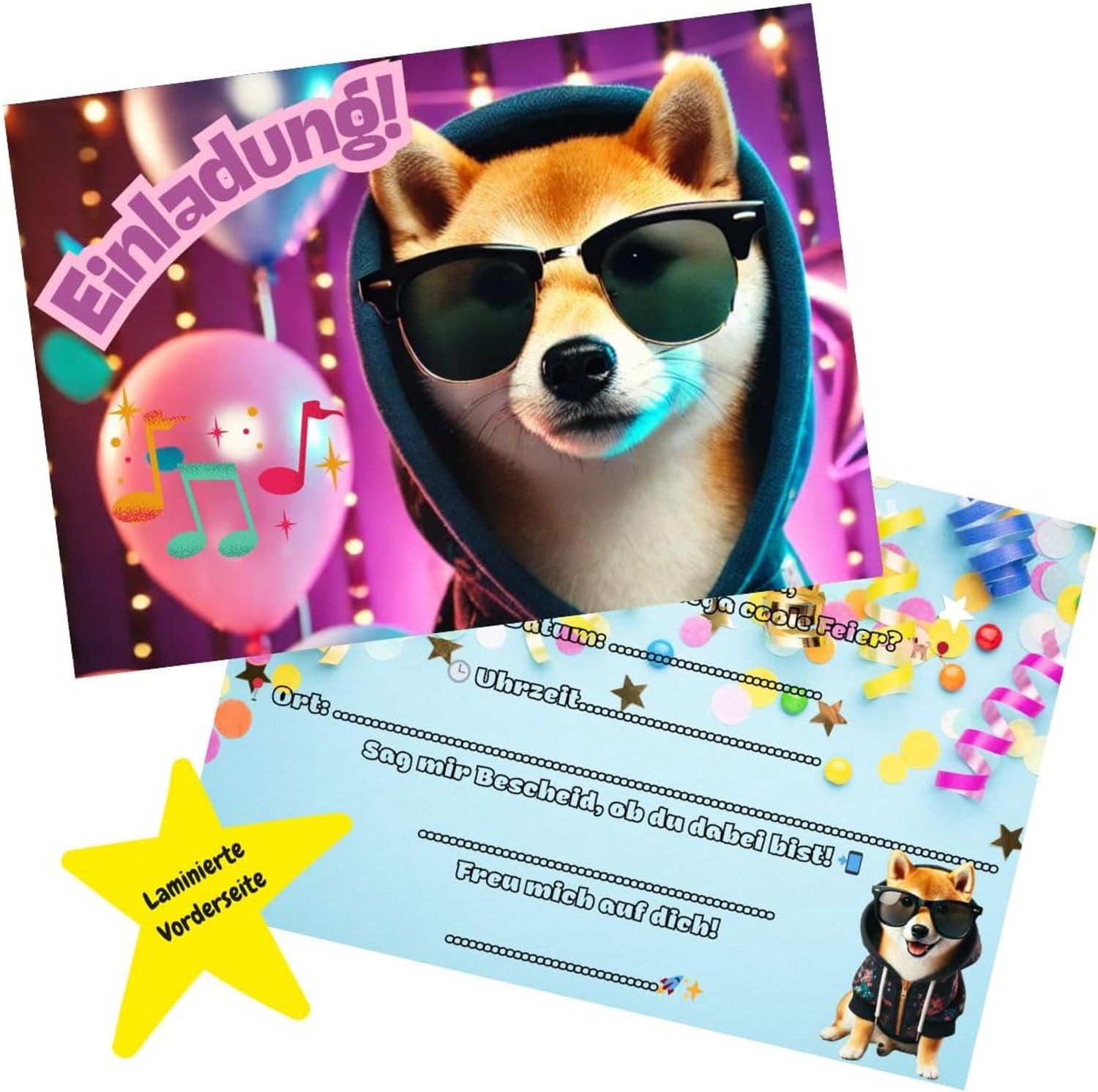 Uitnodigingskaarten voor kinderverjaardag, dieren, grappig, 10 x kaarten, DIN A6, coole grappige uitnodigingen voor jongens en meisjes (Shiba Inu)