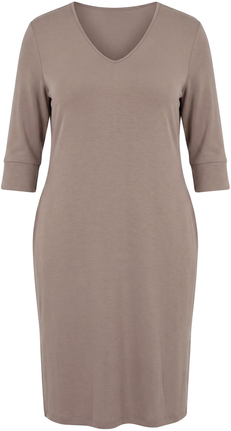 Ulla Popken - Dames - Sweatjurk V-hals 3/4-mouw modalmix - Bleekbruin - Maat 58+