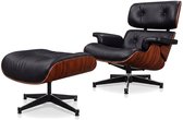 Chaise Lounge Stoel - Stoel - Lounge Stoel - Relaxstoel - Walnoothouten Stoel Relaxstoel Met Poef - Modern Design - Walnoot/Zwart - Echt Leer - Ergonomisch Comfort - Met Houten Onderstel - Voor Woonkamer, Kantoor, Lounge of Slaapkamer