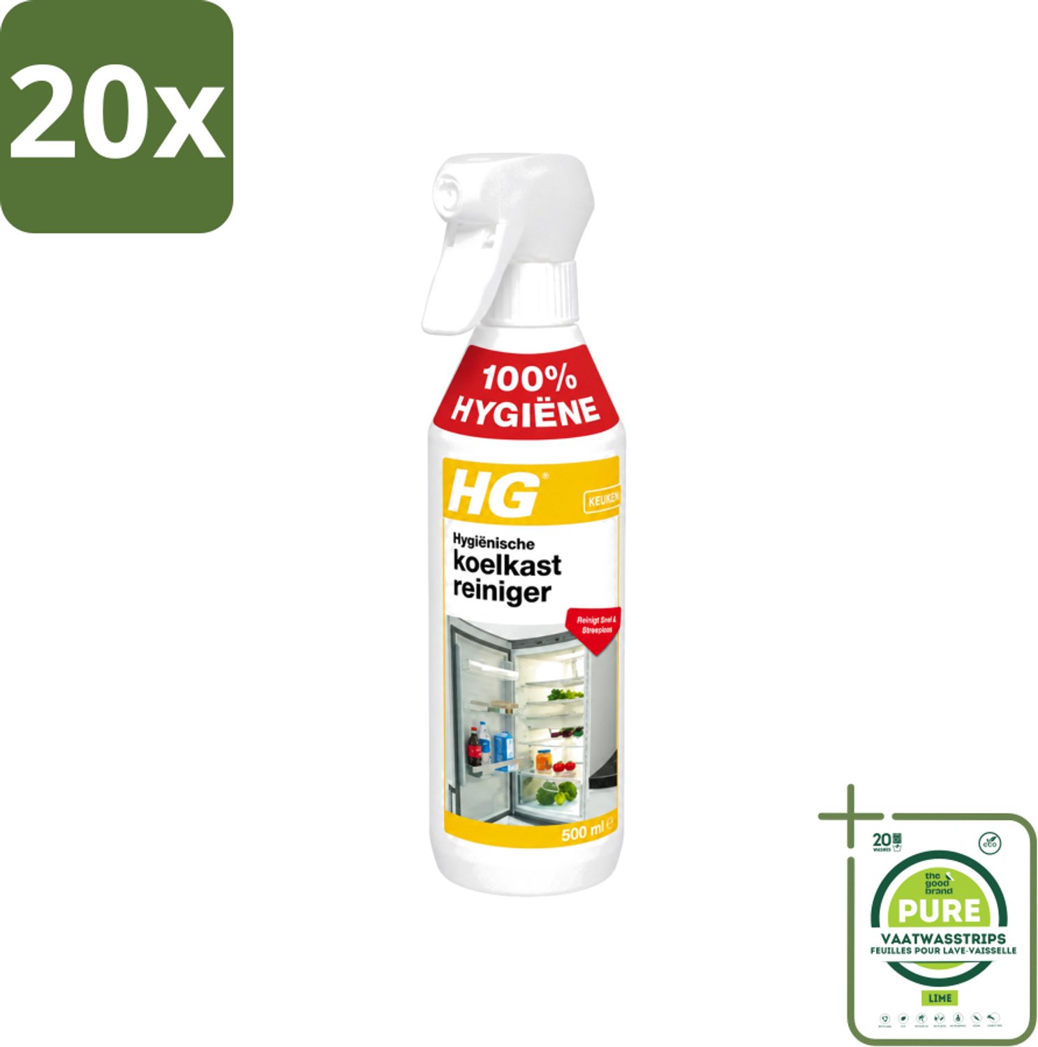 20 x HG - Hygiënische Koelkastreiniger - Reinigt Snel & Streeploos - 500 ml - Grootverpakking - Vaatwasstrips - Koelkast Reinigen - Koelkast Reinigingsmiddel - Hygiënische Koelkastreiniger - Koelkast Reinigen Zonder Afspoelen - Koelkast Reinigen Snel