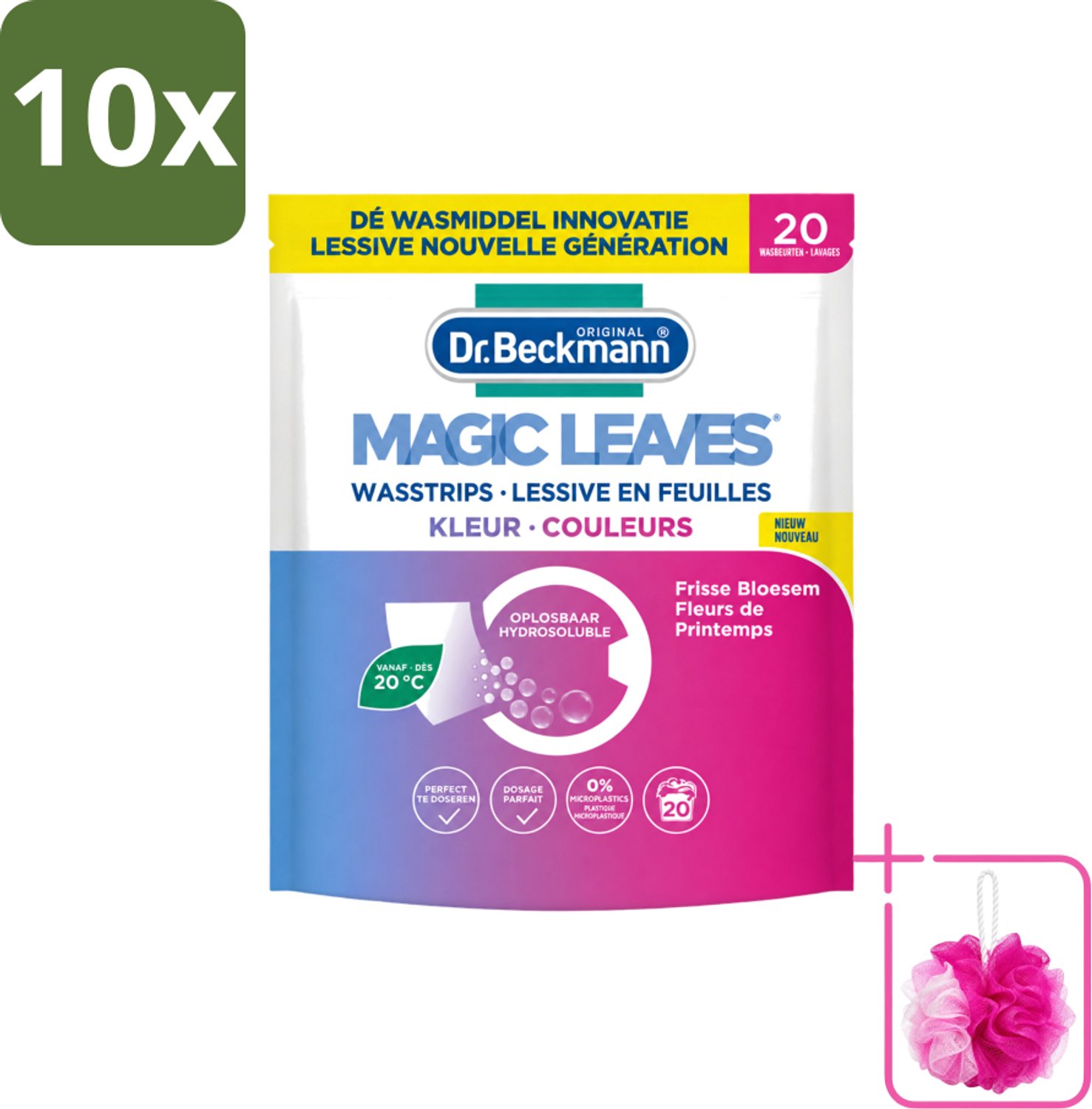 10 x Dr. Beckmann - Magic Leaves - Wasstrips - Gekleurde Was - Frisse Bloesem - 20 Wasbeurten - Bulkverpakking - Wasstrips - Douchemop - Gekleurde was