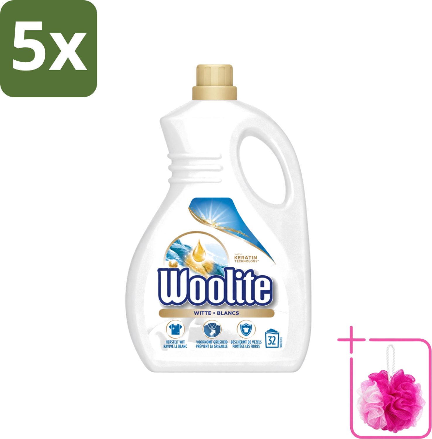 5 x Woolite White - Vloeibaar Wasmiddel - Met Keratine - Witte Was - 32 Wasbeurten - 1,9L - Bulkverpakking - Wasmiddel Wit - Douchemop - Keratine Wasmiddel