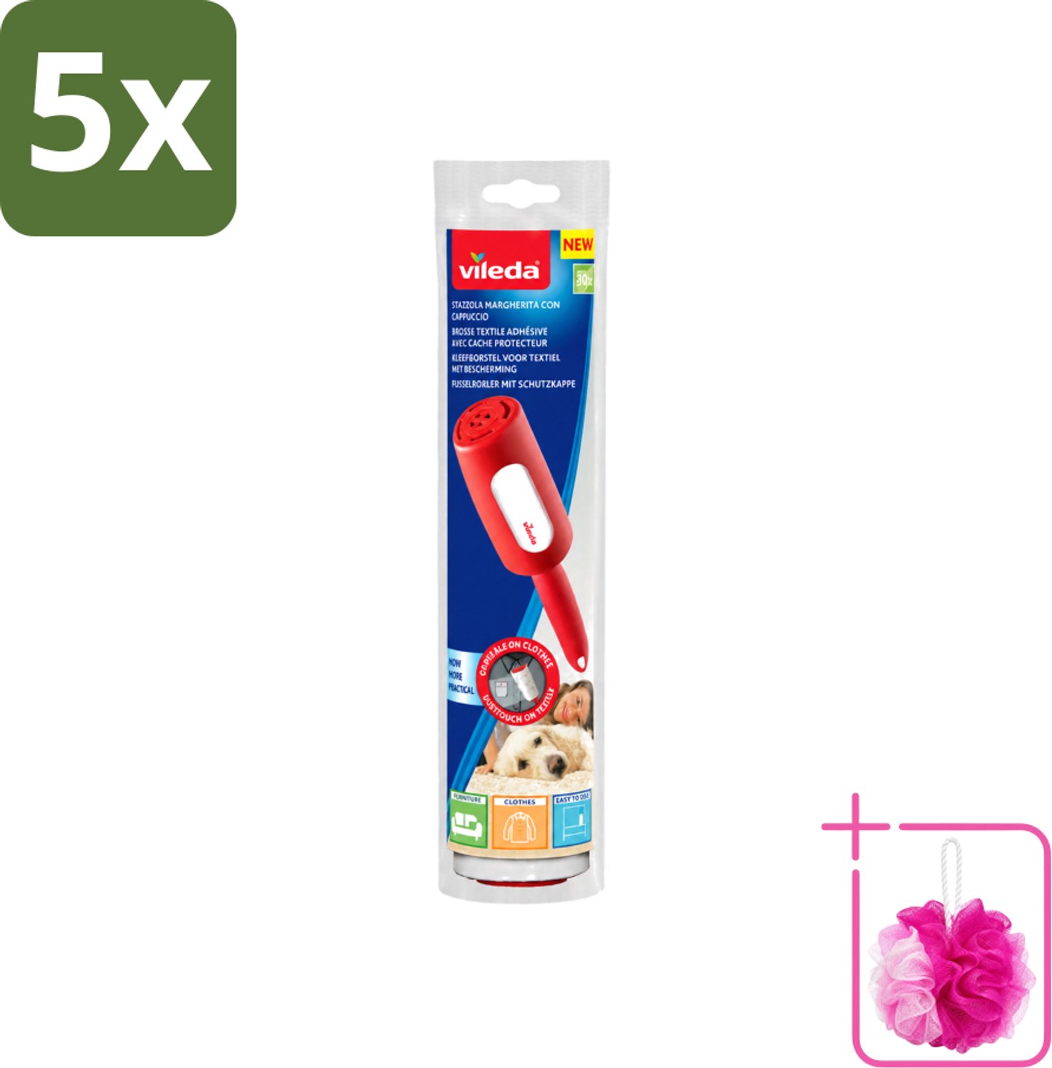 5 x Vileda - Lintroller - Pluisverwijderaar - Inclusief Beschermkap - 30 Vellen - Bulkverpakking - Pluisverwijderaar - Douchemop - Pluisjes verwijderen