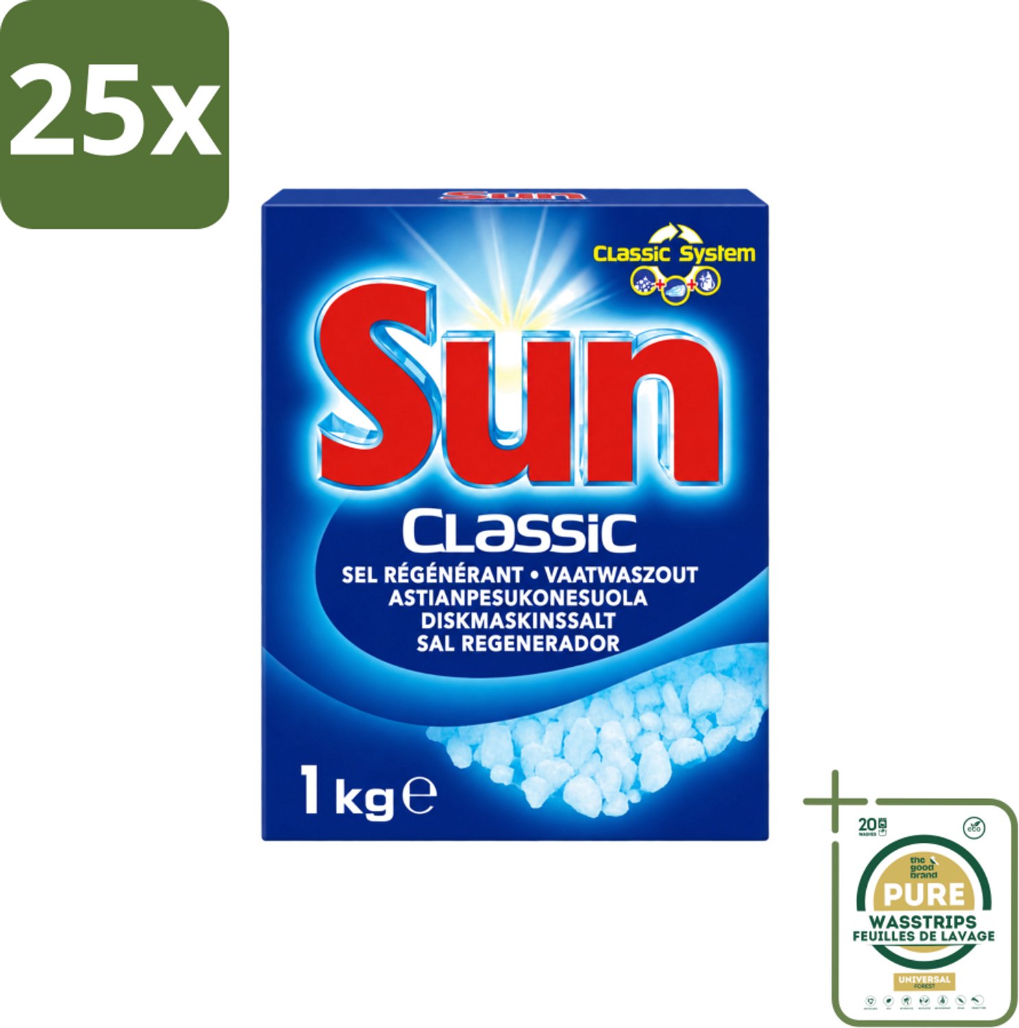 25 x Sun Classic - Vaatwaszout - Klassiek Systeem - 1 kg - Wasstrips - Vaatwaszout - Kalkaanslag Voorkomen - Vaatwasser Onderhoud - Waterhardheid - Klassiek Systeem