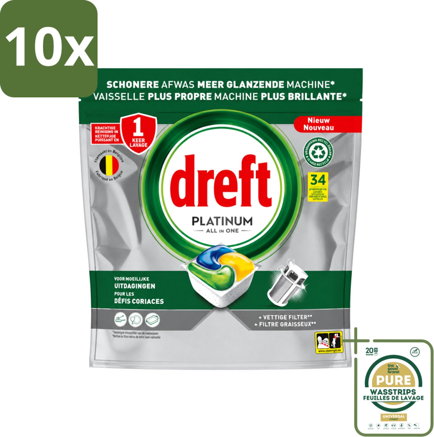 10 x Dreft Platinum - All In One - Vaatwascapsules - Citroen - 34 Afwasbeurten - Wasstrips - Vaatwasmiddel - Vaatwascapsule - Citroengeur - Vaatwasser Reinigen - Vetfilter Reinigen