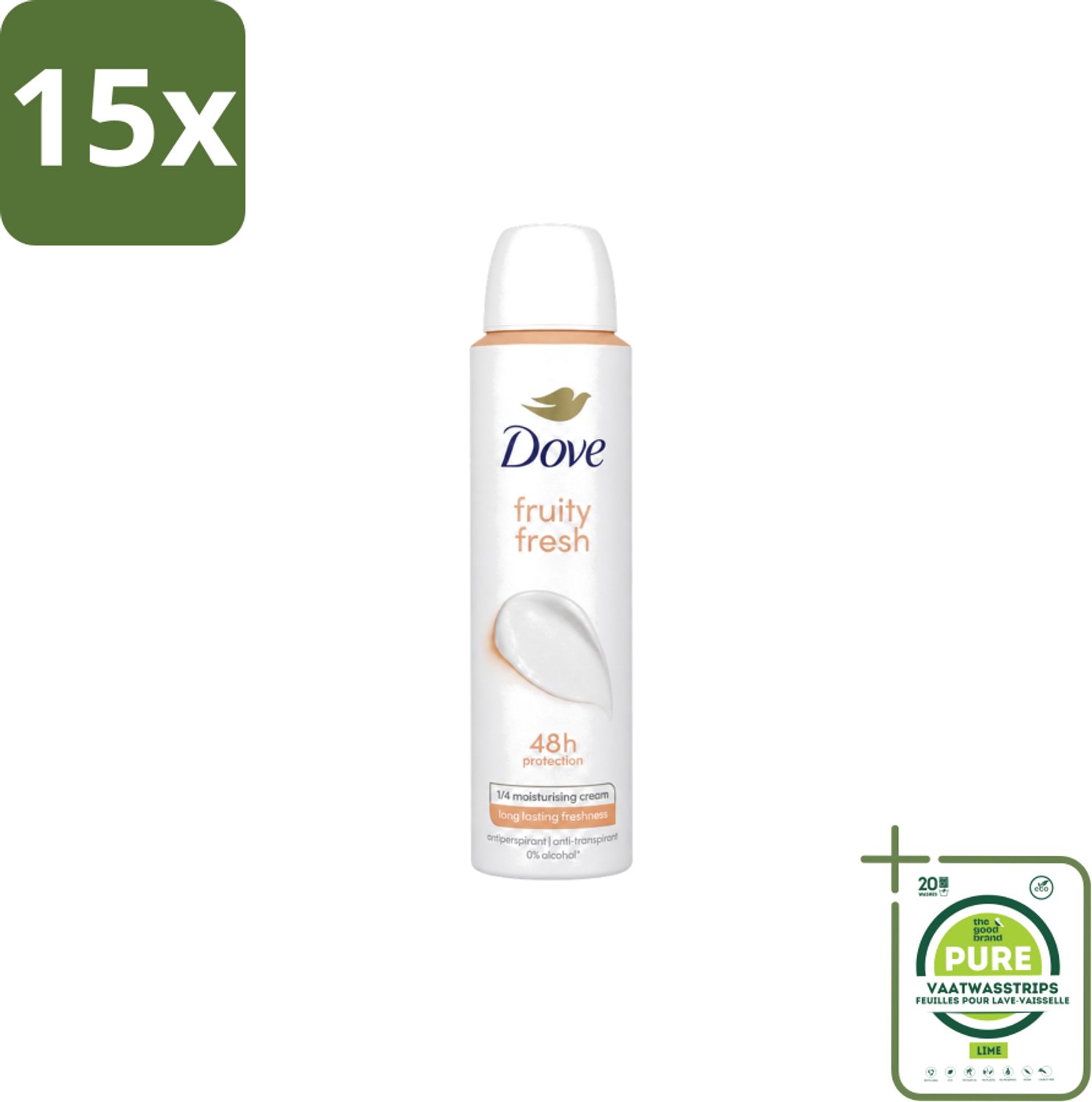 15 x Dove – Deodorant Spray – Fruity Fresh – 200 ml - Grootverpakking - Vaatwasstrips - Anti-transpirant Spray - Zweetgeur - Okselgeur - Fris - Fruitig