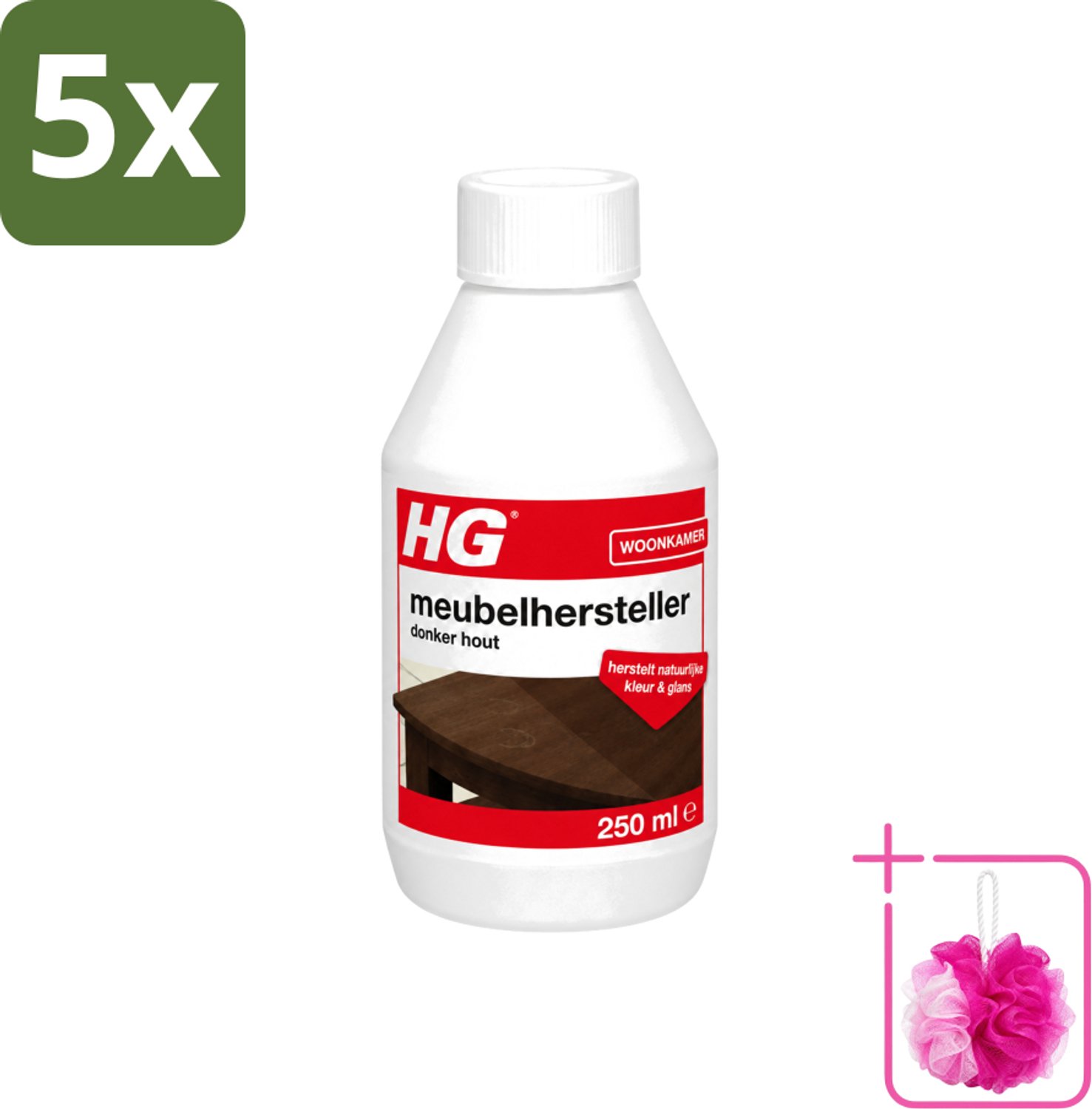 5 x HG - Meubelhersteller - Donker Hout - Herstelt Natuurlijke Kleur & Glans - 250 ml - Bulkverpakking - Meubelhersteller - Douchemop - Donker hout