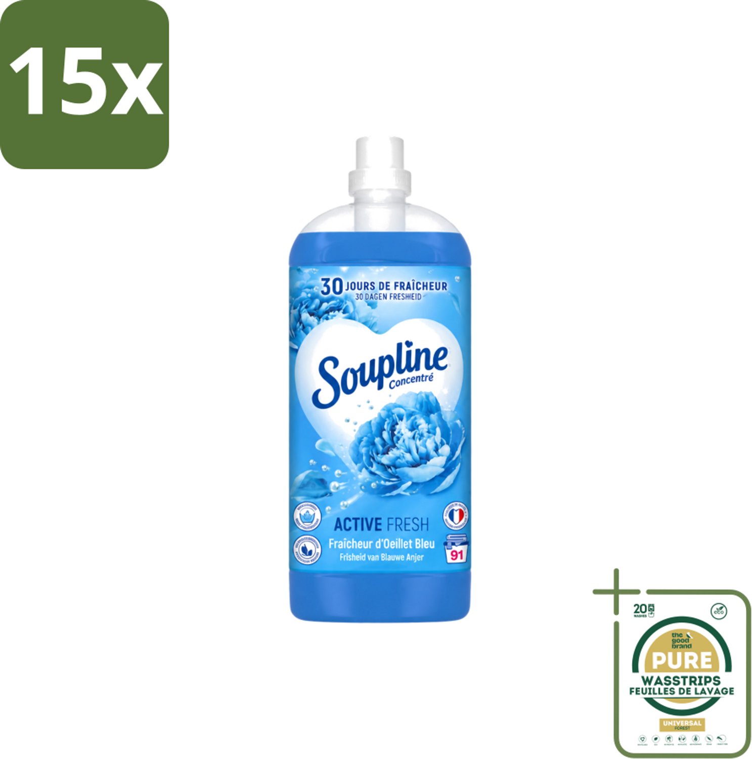 15 x Soupline – Wasverzachter – Active Fresh Frisheid van Blauwe Anjer – 2 L - Wasstrips - Wasverzachter - Frisheid - Blauwe Anjer - Wasgoed - Kleding