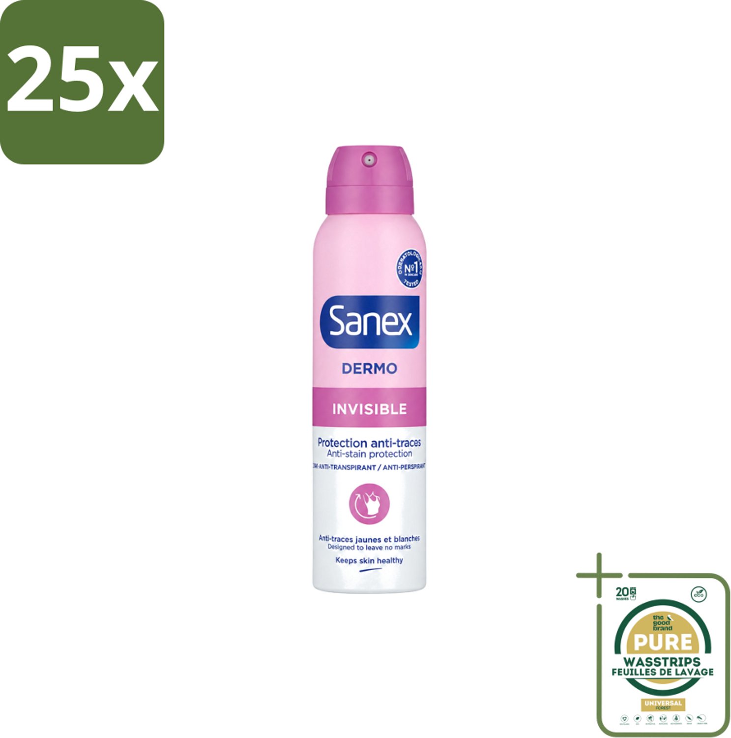 25 x Sanex – Deodorant Spray – Dermo Invisible – 150 ml - Wasstrips - Onzezichtbare Deodorant - Deodorant Spray - Transpiratieregulatie - Huidbescherming - Strepenvoorkomend