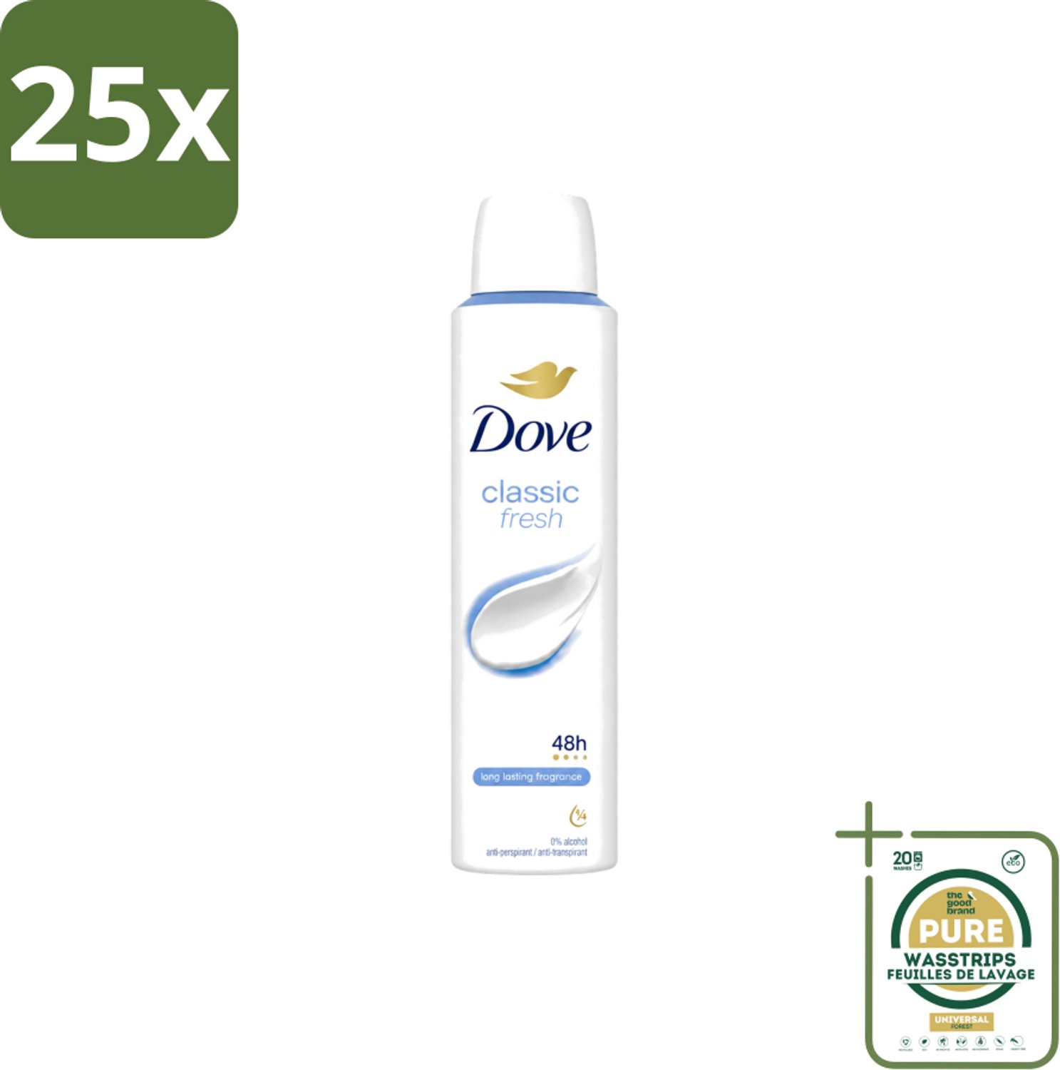 25 x Dove – Deodorant Spray – Classic Fresh – 200 ml - Wasstrips - Anti-transpirant Spray - Okselgeur - Deodorant Spray - Frisse Geur - Oksel Verzorging