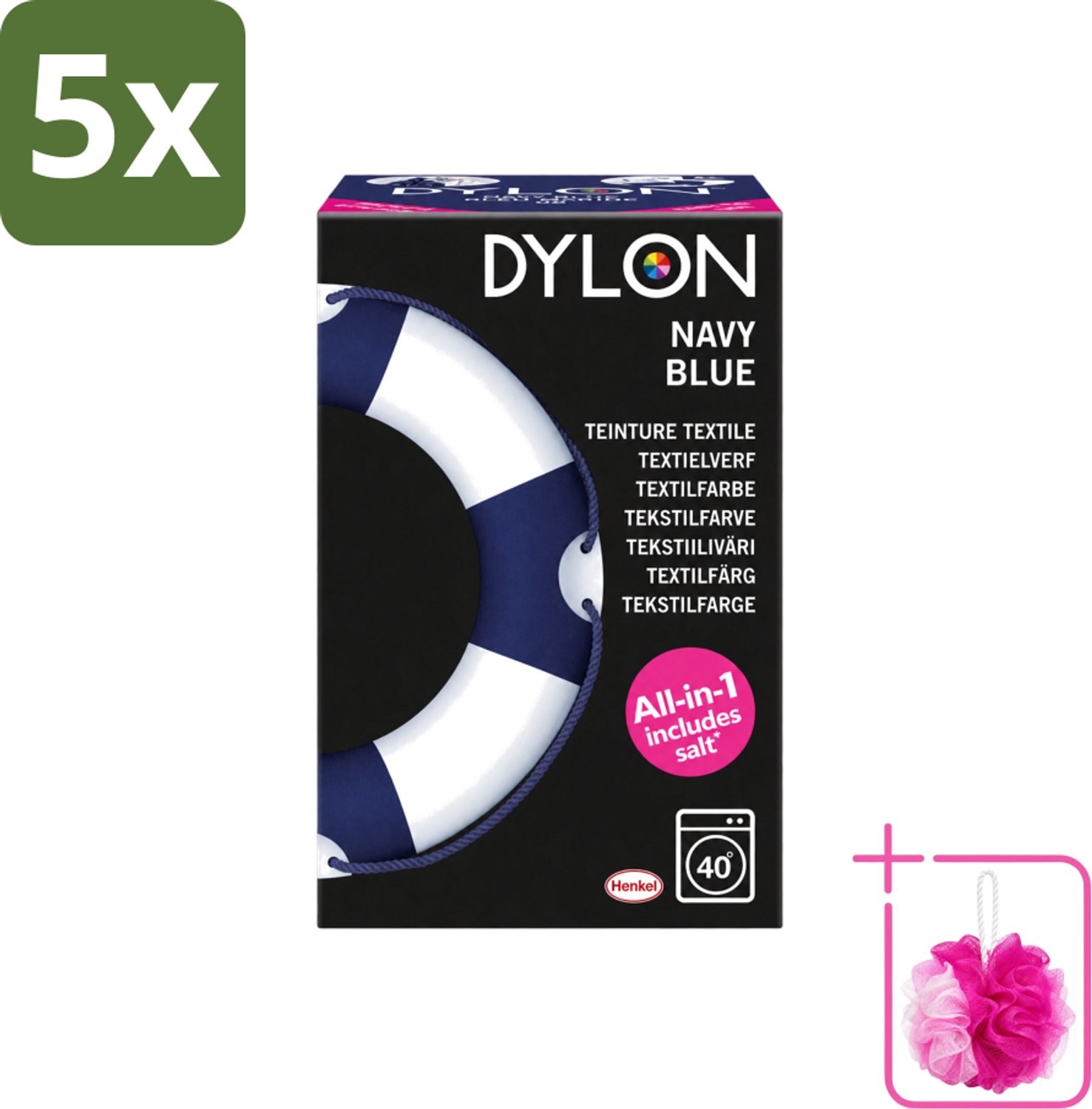 5 x Dylon - Textielverf - Navy Blue - All-in-One - Inclusief Zout - 350g - Bulkverpakking - Textielverf - Douchemop - Kleding verven