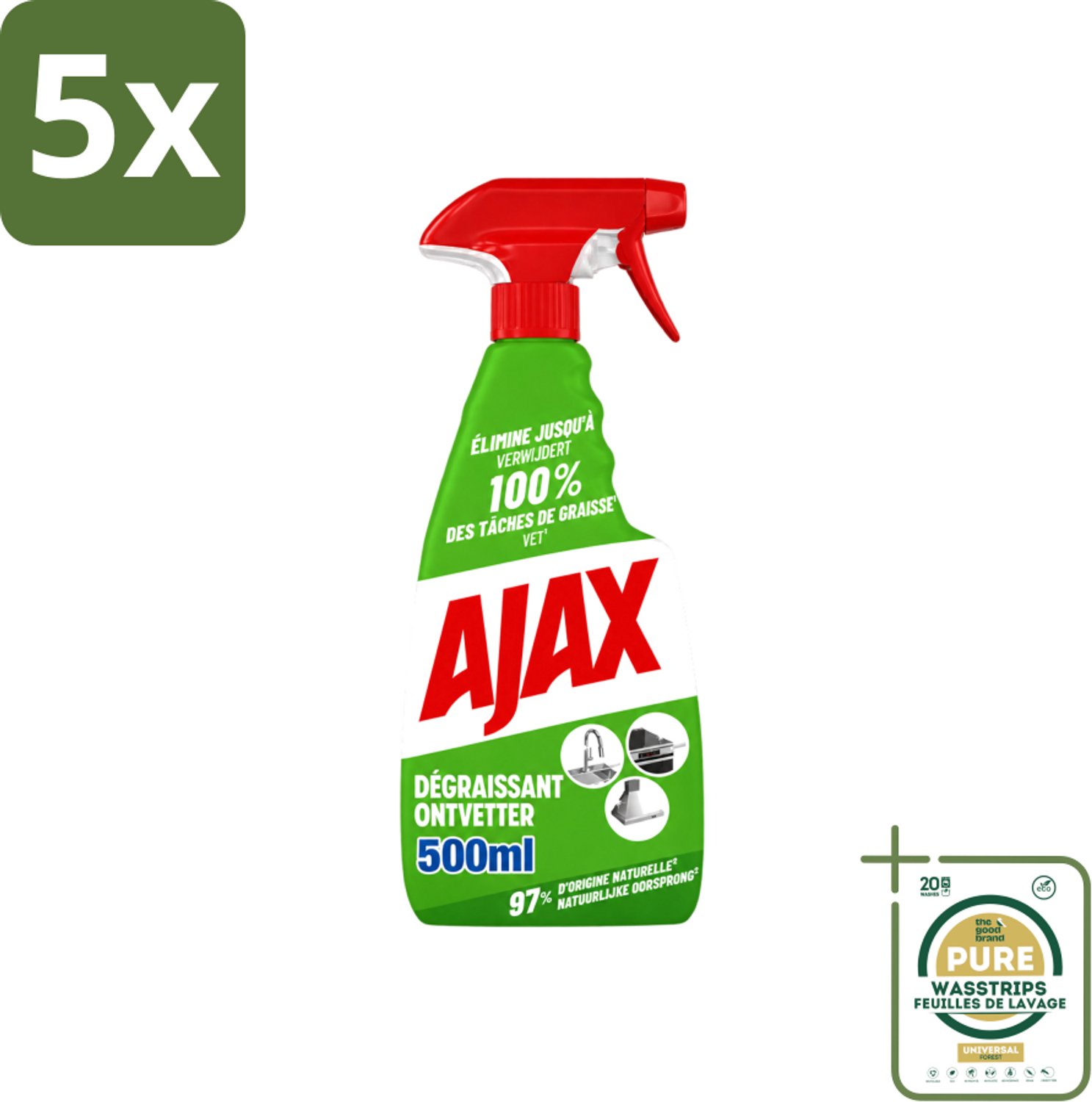 5 x Ajax – Ontvetter Spray – 500 ml - Wasstrips - Ajax Ontvetter - Ontvetter Spray 500 Ml - Vet Verwijderen - Keukenreiniger - Krachtige Ontvetter