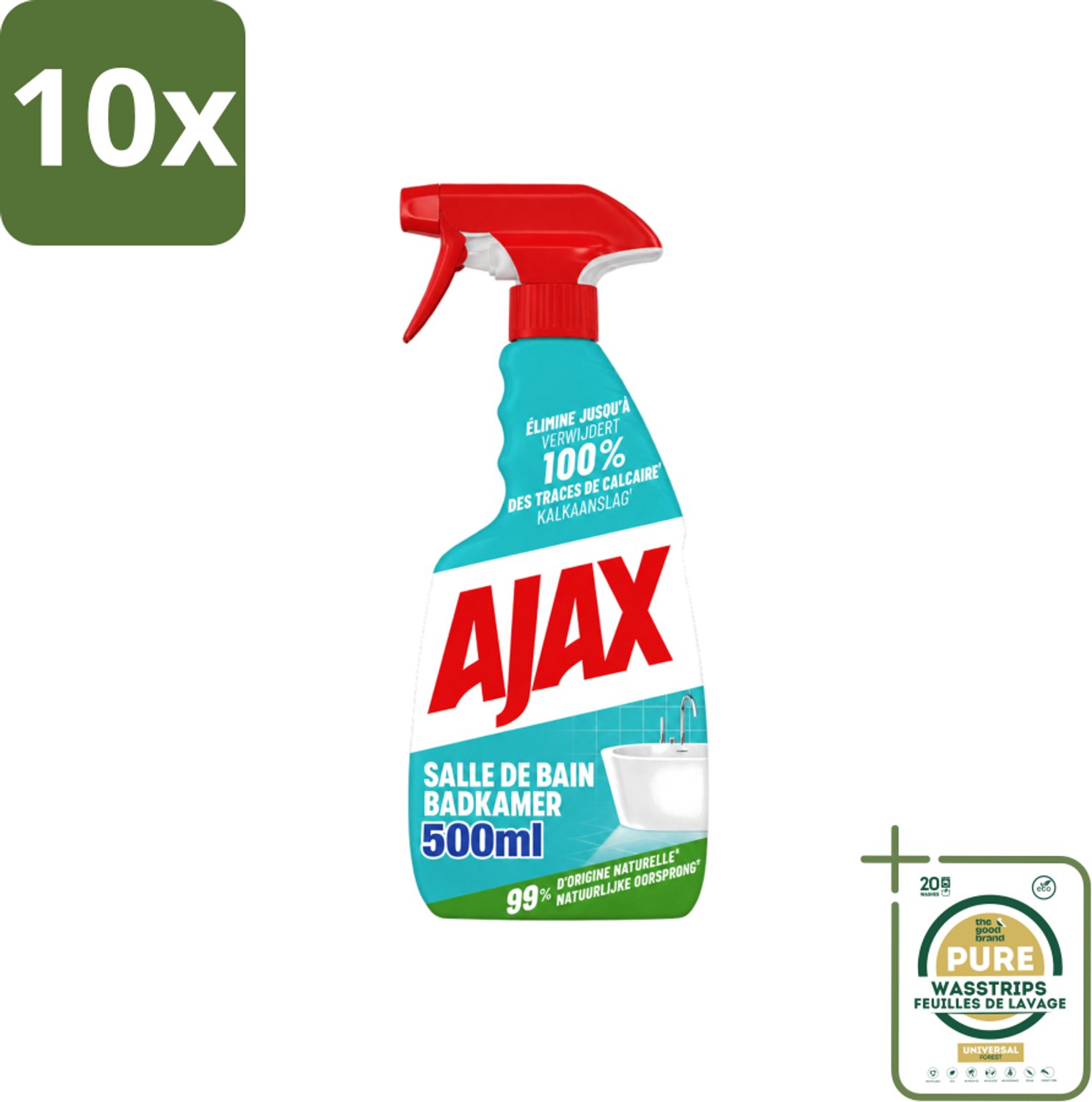 10 x Ajax – Badkamer Spray – 500 ml - Wasstrips - Badkamer Reinigen - Kalk Verwijderen - Zeepresten Verwijderen - Badkamer Schoonmaken - Anti-kalk Spray