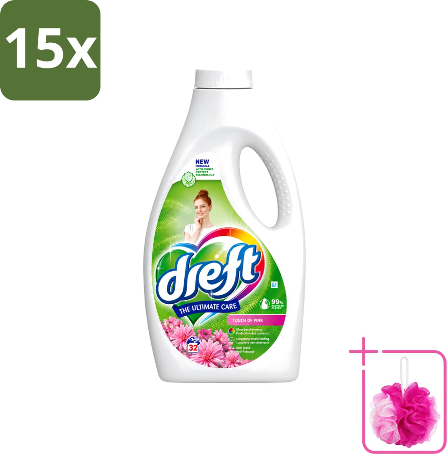 15 x Dreft - Ultimate Care - Vloeibaar Wasmiddel - Gekleurde Was - Een Vleugje Roze - 32 Wasbeurten - Bulkverpakking - Wasmiddel - Douchemop - Wasgoed reinigen