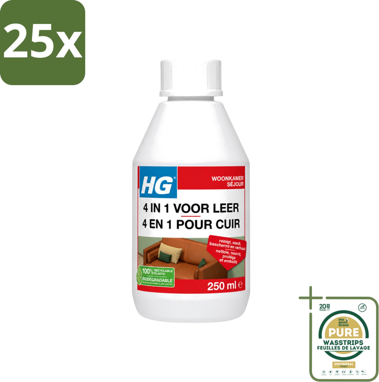 25 x HG - 4 In 1 Voor Leer - Beschermt, Voedt, Verfraait & Reinigt - 250 ml - Wasstrips - Leer Reinigen - Leer Voeden - Leer Beschermen - Leer Verfraaien - Leer Verkleuren