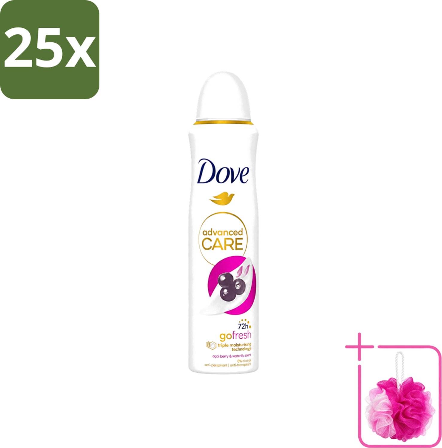 25 x Dove - Deospray - Acai Bes & Waterlelie - 150 ml - Bulkverpakking - Acai Bes & Waterlelie Deospray - Douchemop - Deospray oksels