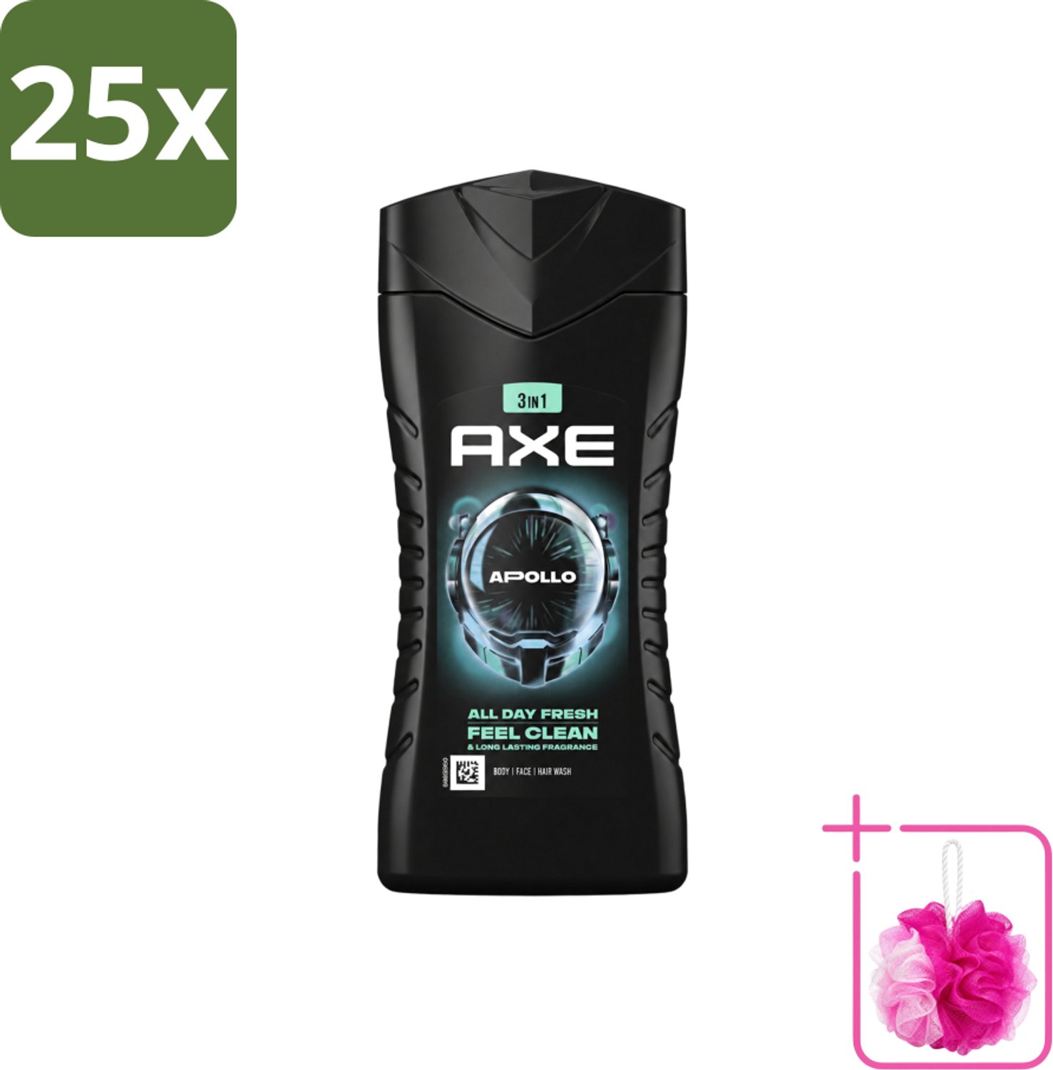 25 x Axe - 3-in-1 Douchegel - Apollo - Sage & Cedarwoord - 12hrs Long Lasting Scent - 250 ml - Bulkverpakking - Douchegel lichaam gezicht haar - Douchemop - Geur salie cederhout