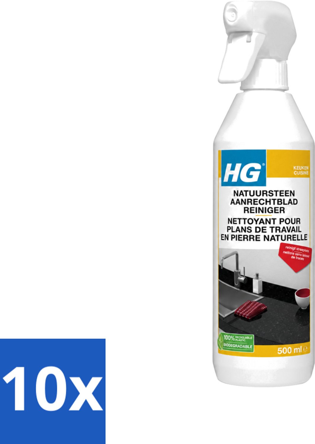 10 x HG - Natuursteen Aanrechtblad Reiniger - Reinigt Streeploos - 500 ml - Voordeelverpakking - 10 stuks