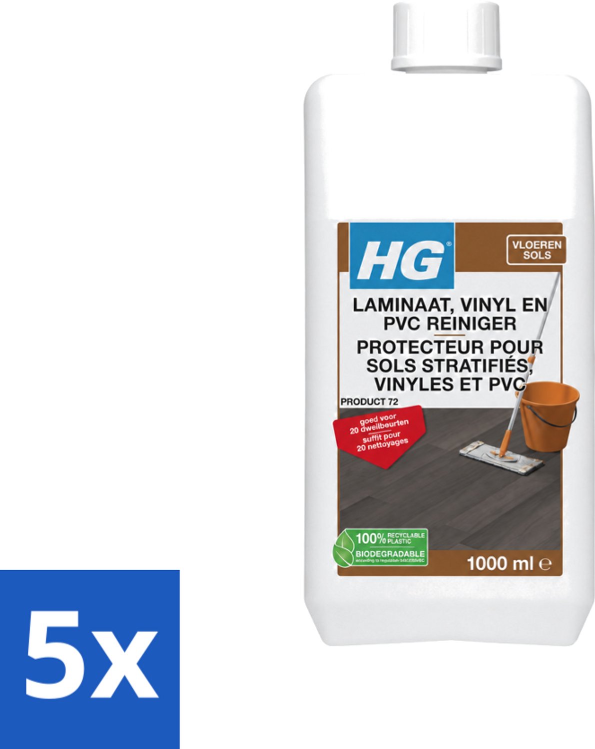 5 x HG - Laminaat, Vinyl & PVC Reiniger - Frisse Geur - Reinigt Streeploos - 20 Dweilbeurten - 1L - Voordeelverpakking - 5 stuks