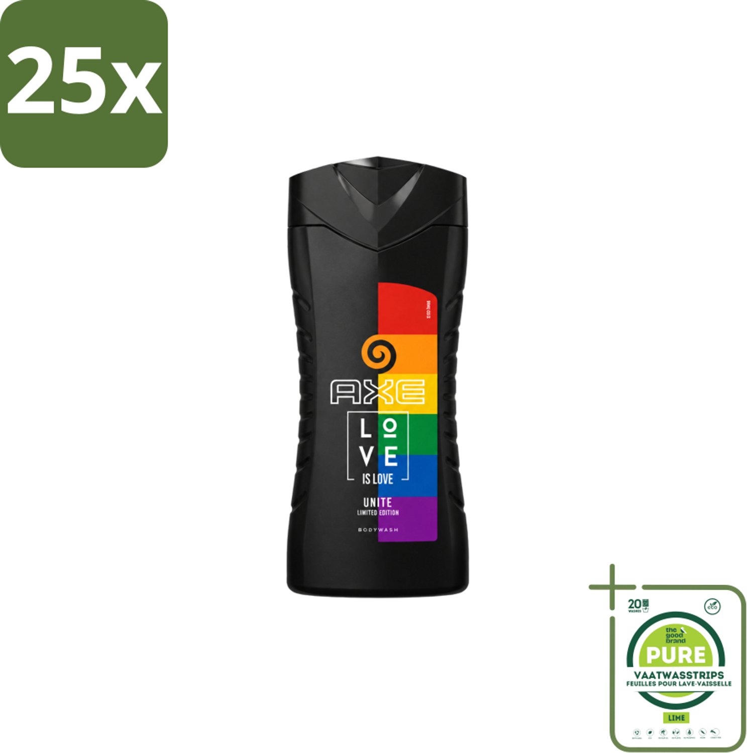 25 x AXE – Bodywash – Unite Love Is Love – 250 ml - Grootverpakking - Vaatwasstrips - Douchegel - Africa - Frisheid - Schuim - Reiniging