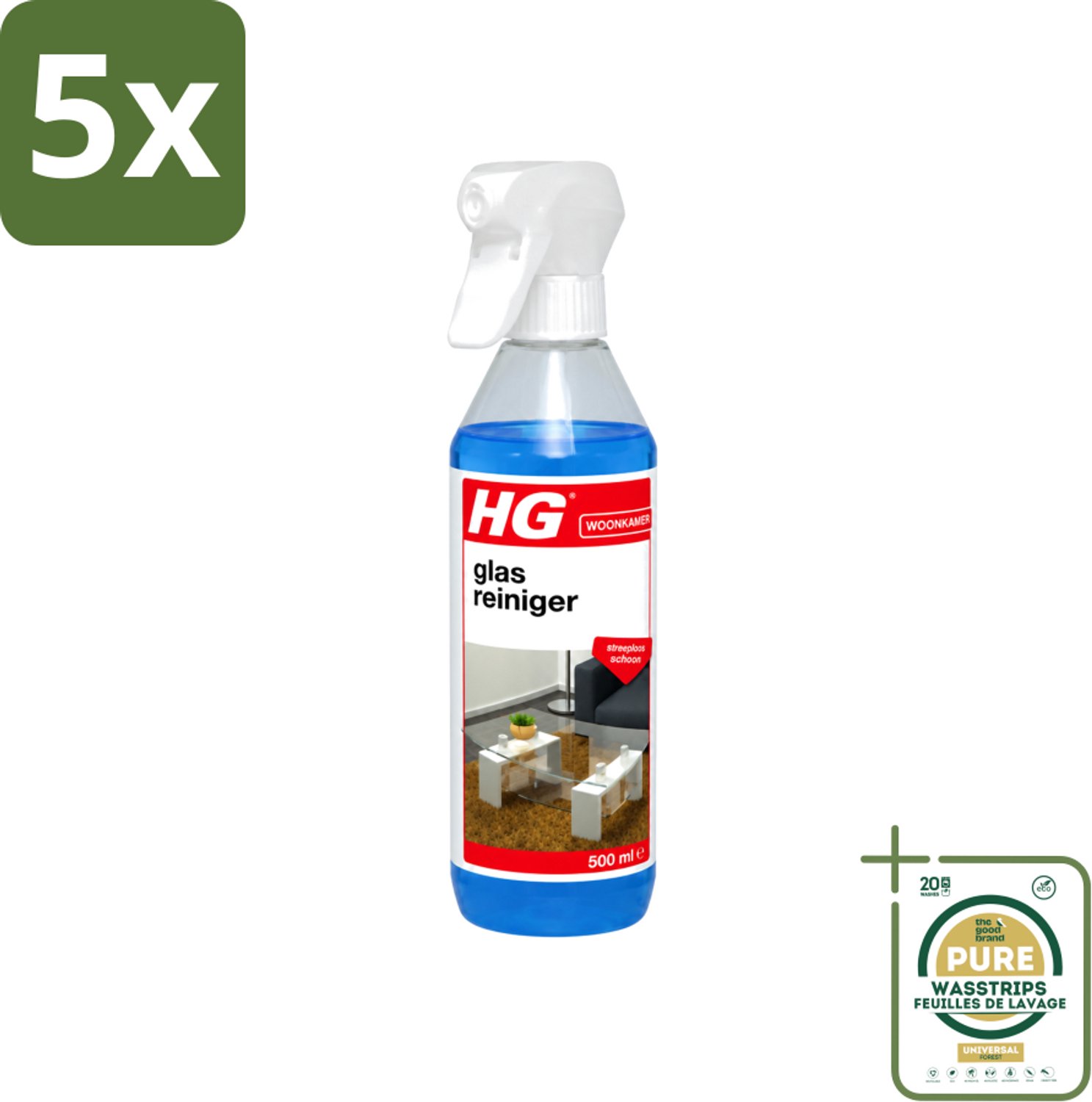 5 x HG - Glasreiniger Spray - Streeploos Schoon - Ontvet & Droogt Snel - 500 ml - Wasstrips - Glas Reinigen - Streeploos Schoonmaken - Glazen Reiniger - Spiegel Reinigen - Vet Verwijderen