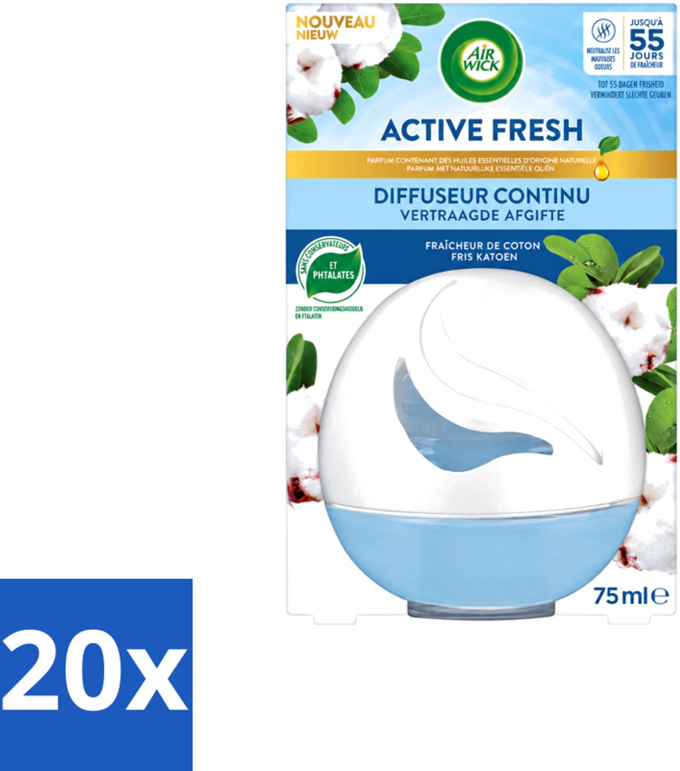 20 x Air Wick – Luchtverfrisser – Deco Sphere Katoen – 75 ml - Voordeelverpakking - 20 stuks