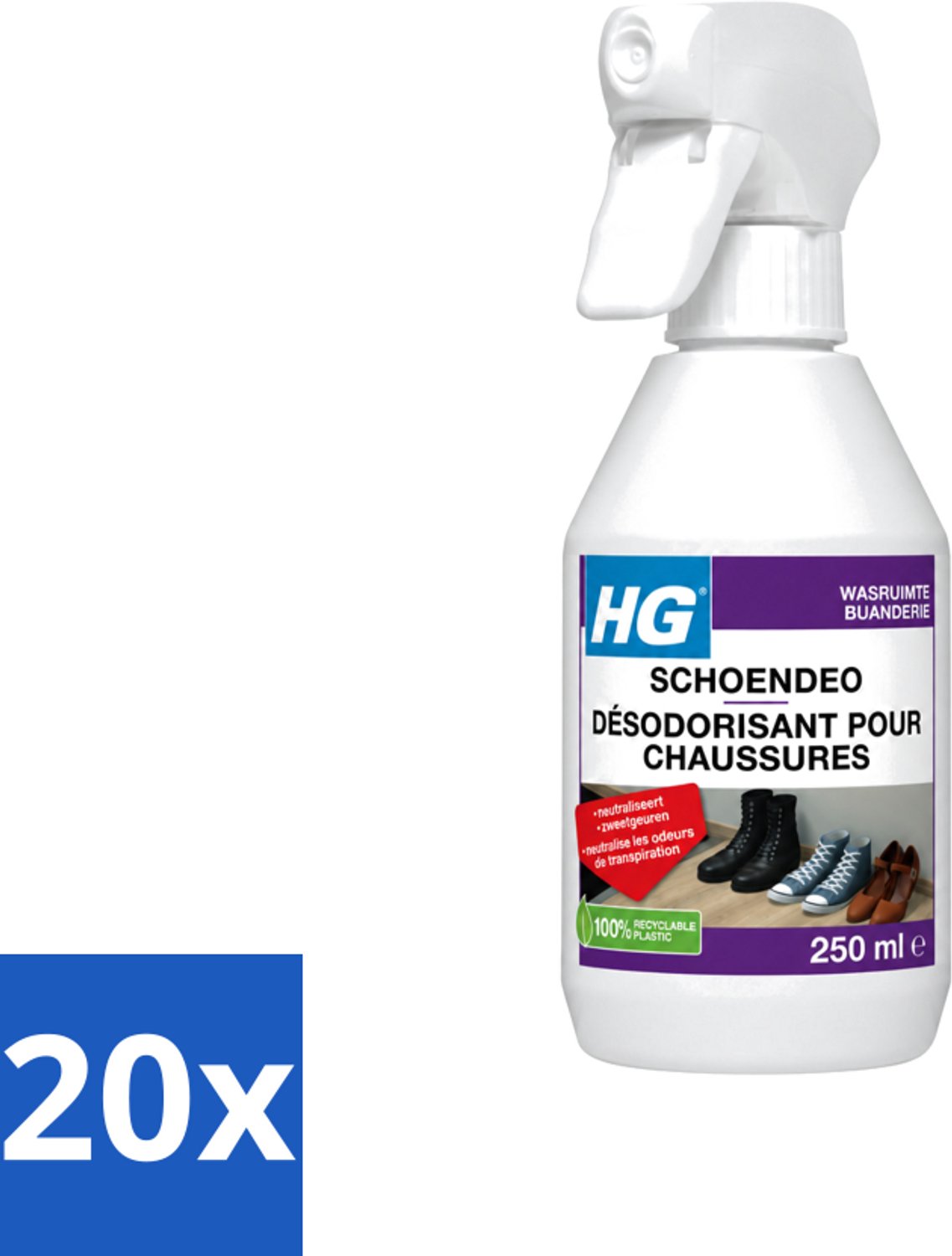 20 x HG - Schoendeo - Neutraliseert Zweetgeuren - Gemakkelijk in Gebruik - 250 ml - Voordeelverpakking - 20 stuks